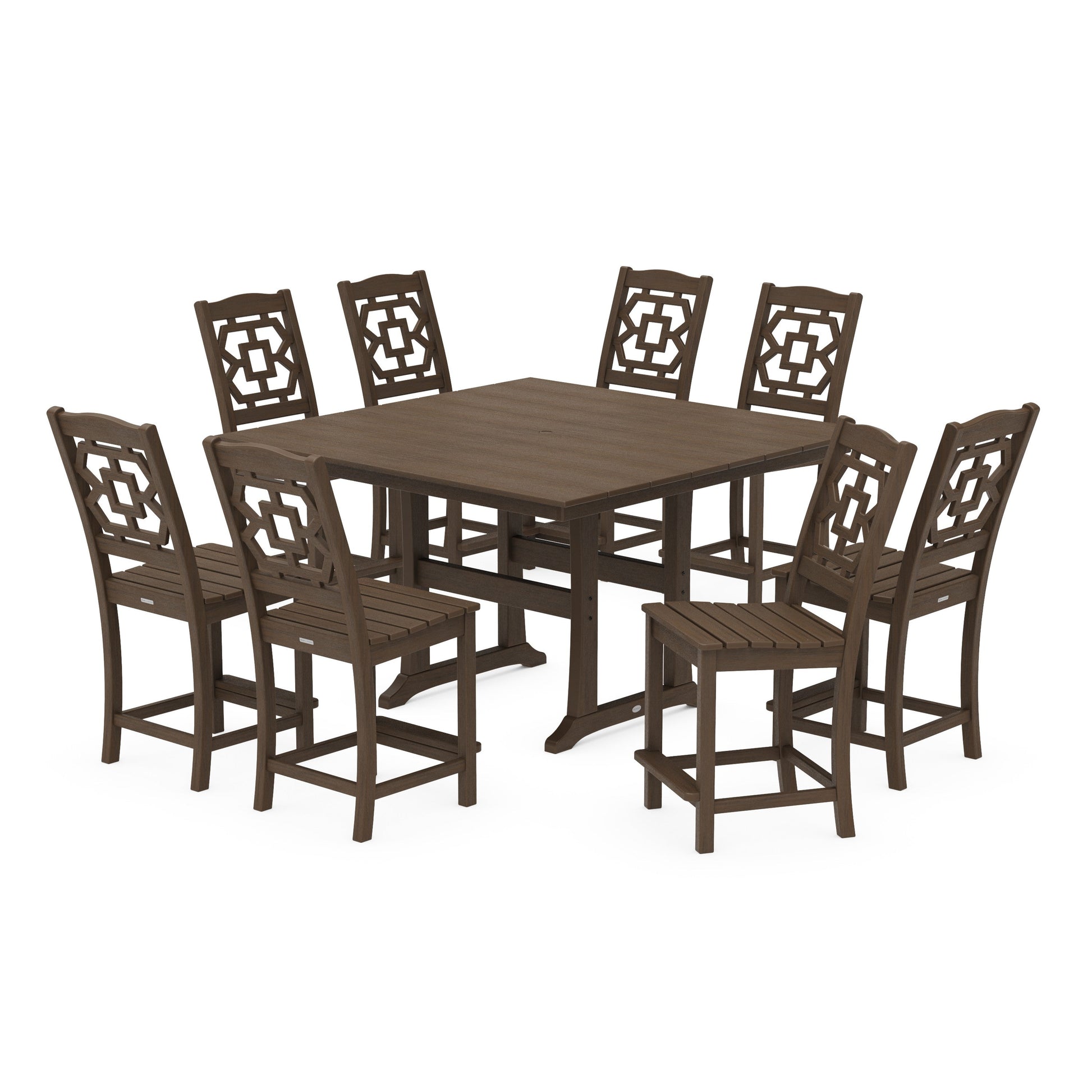 POLYWOOD Chinoiserie 9-Piece Square Farmhouse Side Chair Counter Set with Trestle Legs — Kona