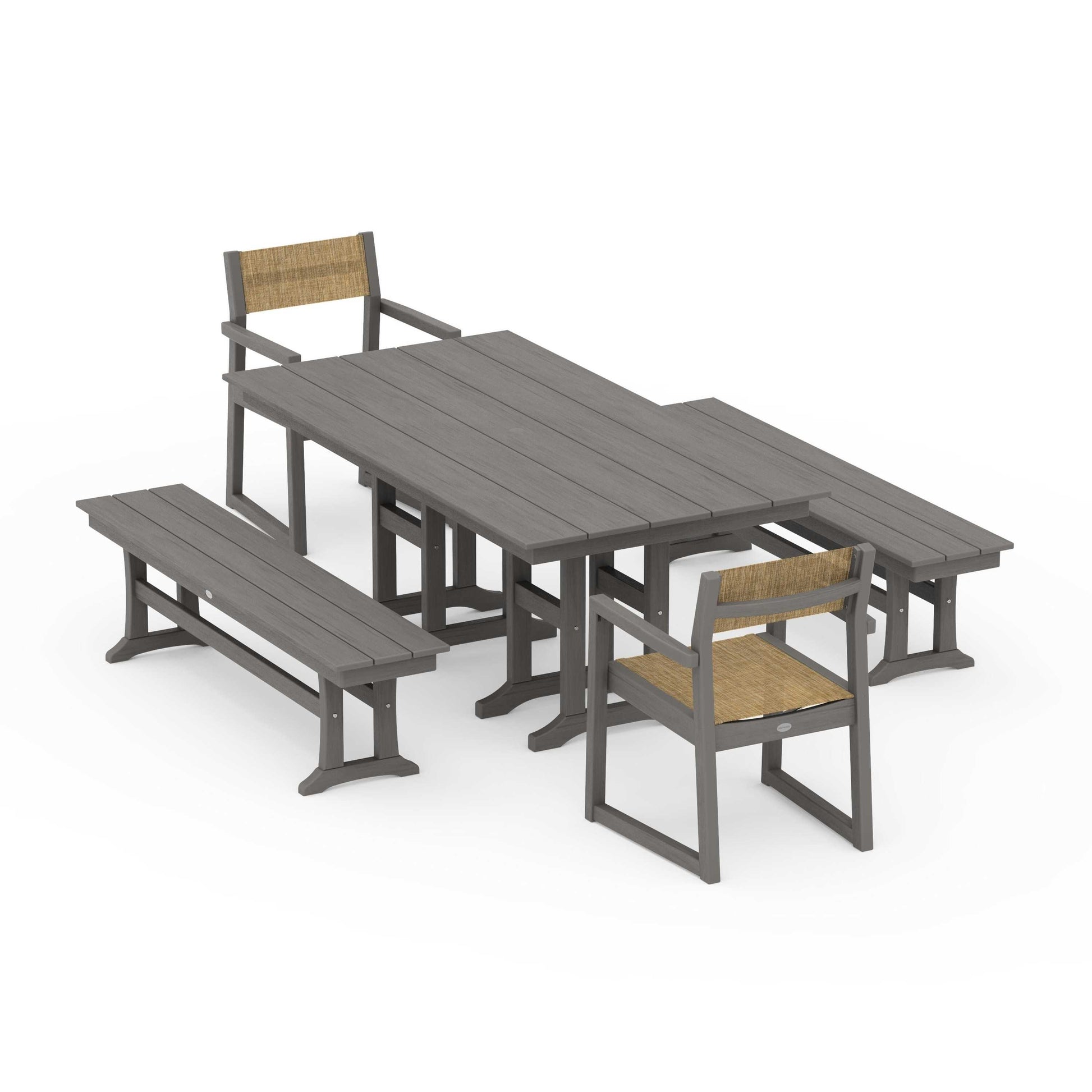 POLYWOOD EDGE Sling Arm Chair 5-Piece Farmhouse Dining Set with Benches — Driftwood / Burlap Sling