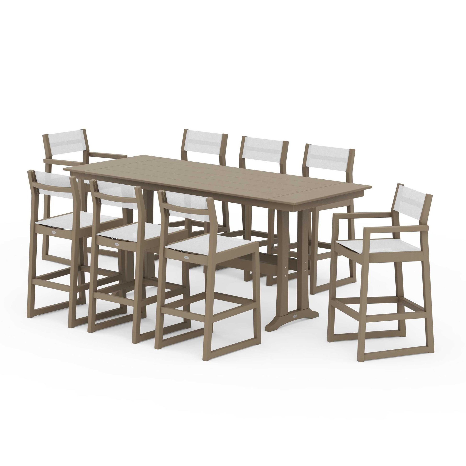 POLYWOOD EDGE Sling 9-Piece Farmhouse Bar Set with Trestle Legs — Vintage Sahara / White Sling