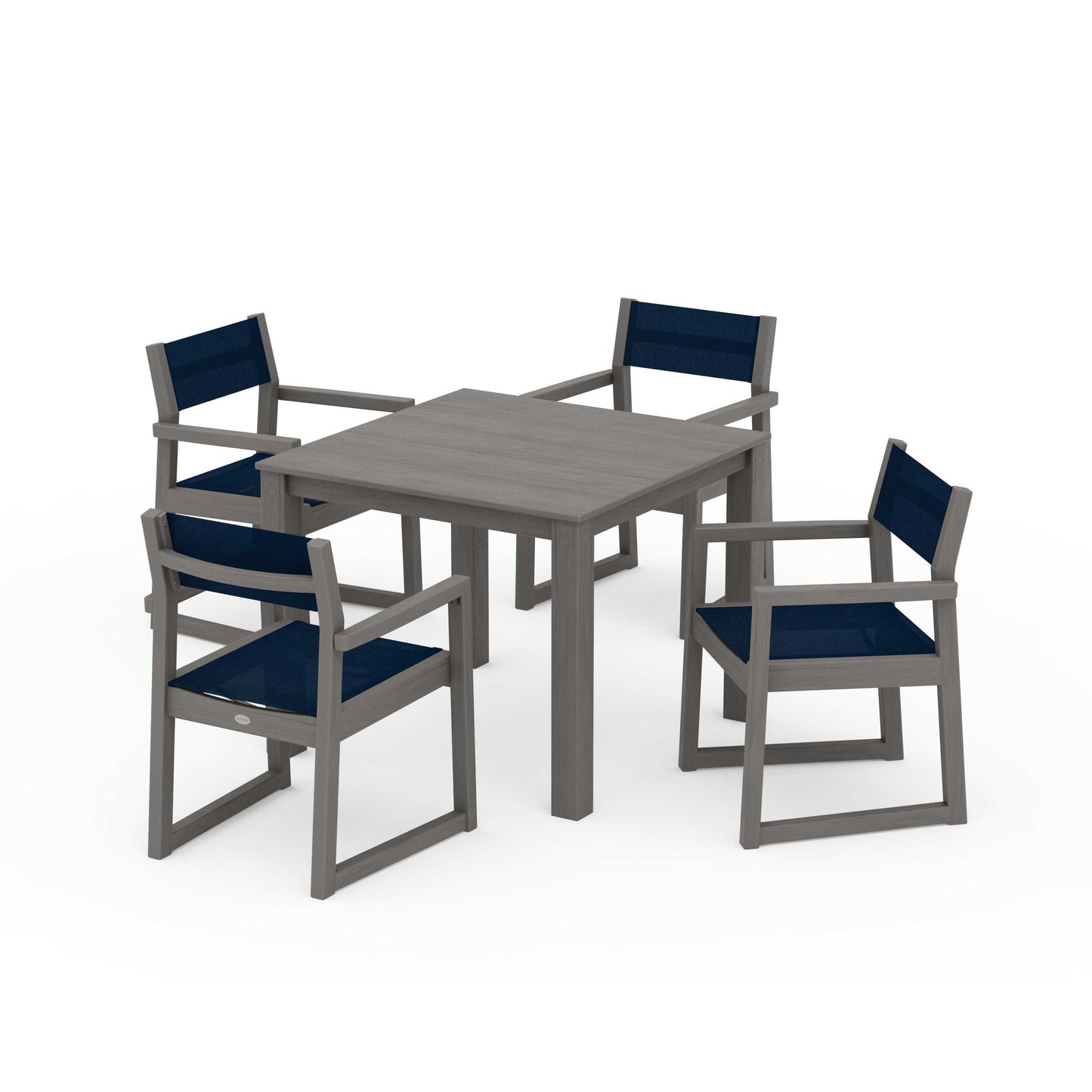 POLYWOOD EDGE Sling Arm Chair 5-Piece Parsons Dining Set — Driftwood / Navy Blue Sling