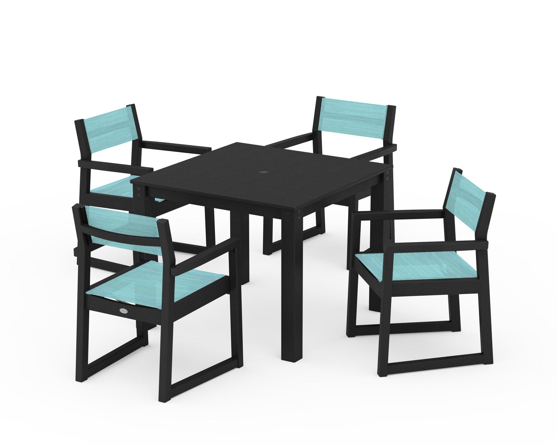 POLYWOOD EDGE Sling Arm Chair 5-Piece Parsons Dining Set — Black / Dupioni Aquamarine Sling