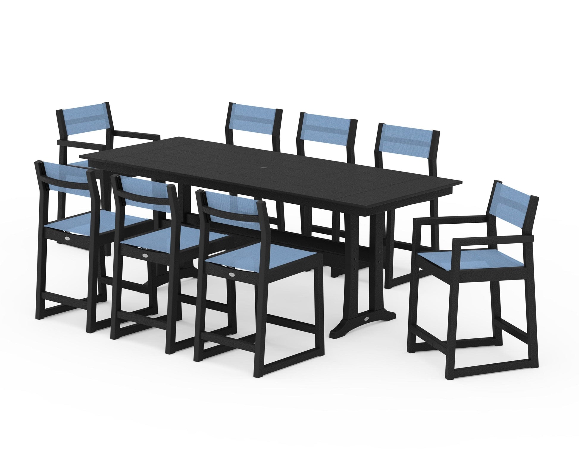 POLYWOOD EDGE Sling 9-Piece Farmhouse Counter Set with Trestle Legs — Black / Poolside Sling