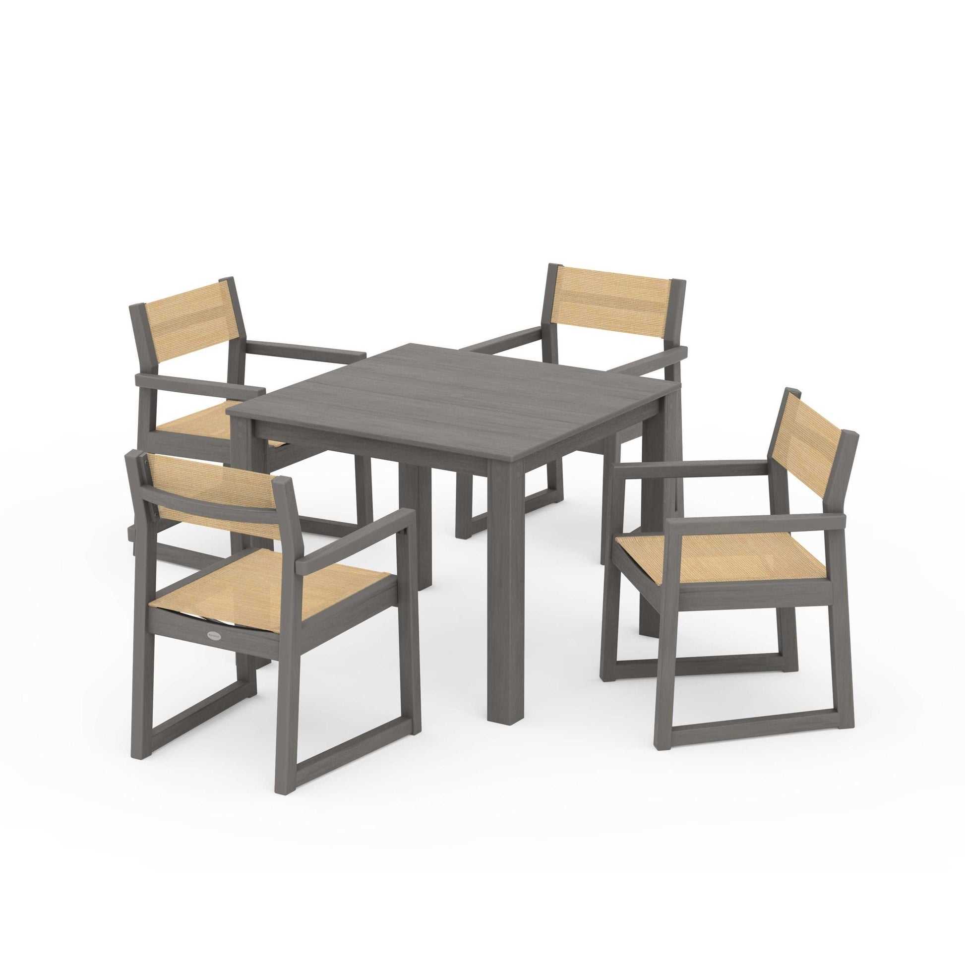 POLYWOOD EDGE Sling Arm Chair 5-Piece Parsons Dining Set — Driftwood / Dupioni Apricot Sling