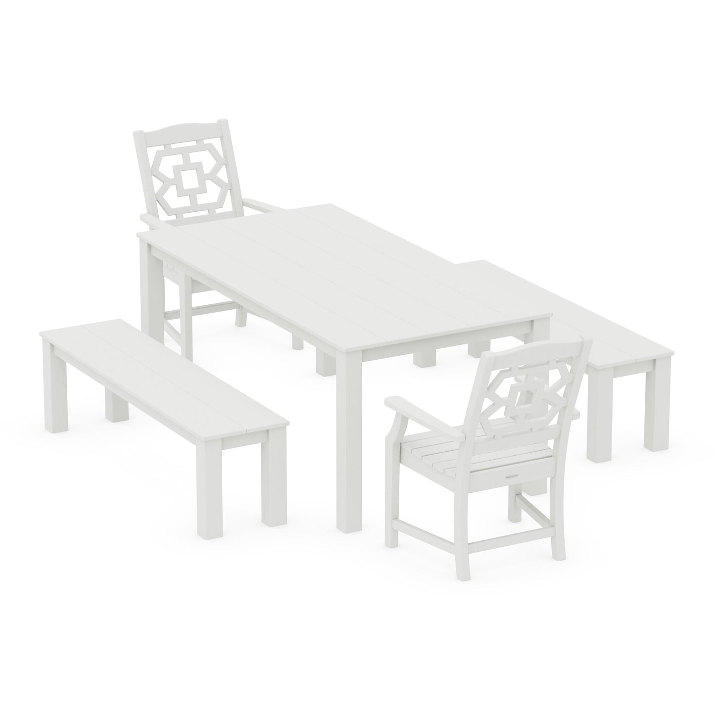POLYWOOD Chinoiserie 5-Piece Parsons Dining Set with Benches — Vintage White