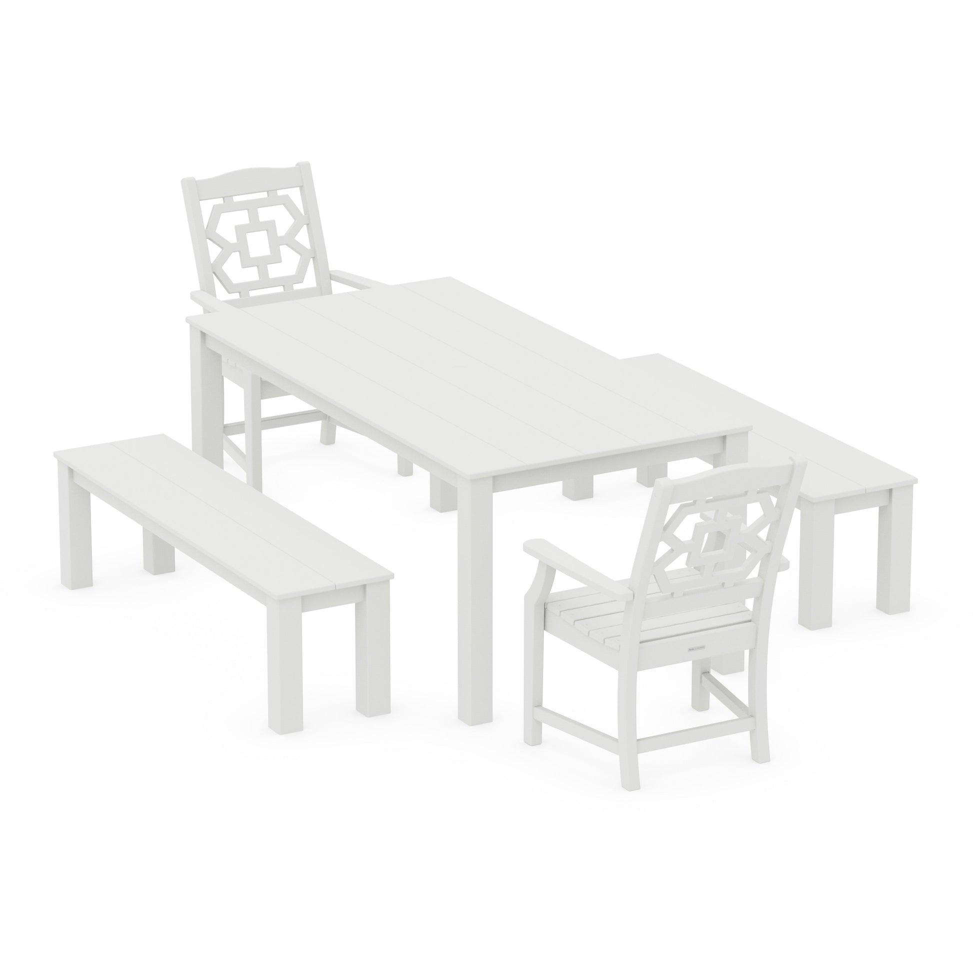 POLYWOOD Chinoiserie 5-Piece Parsons Dining Set with Benches — Vintage White