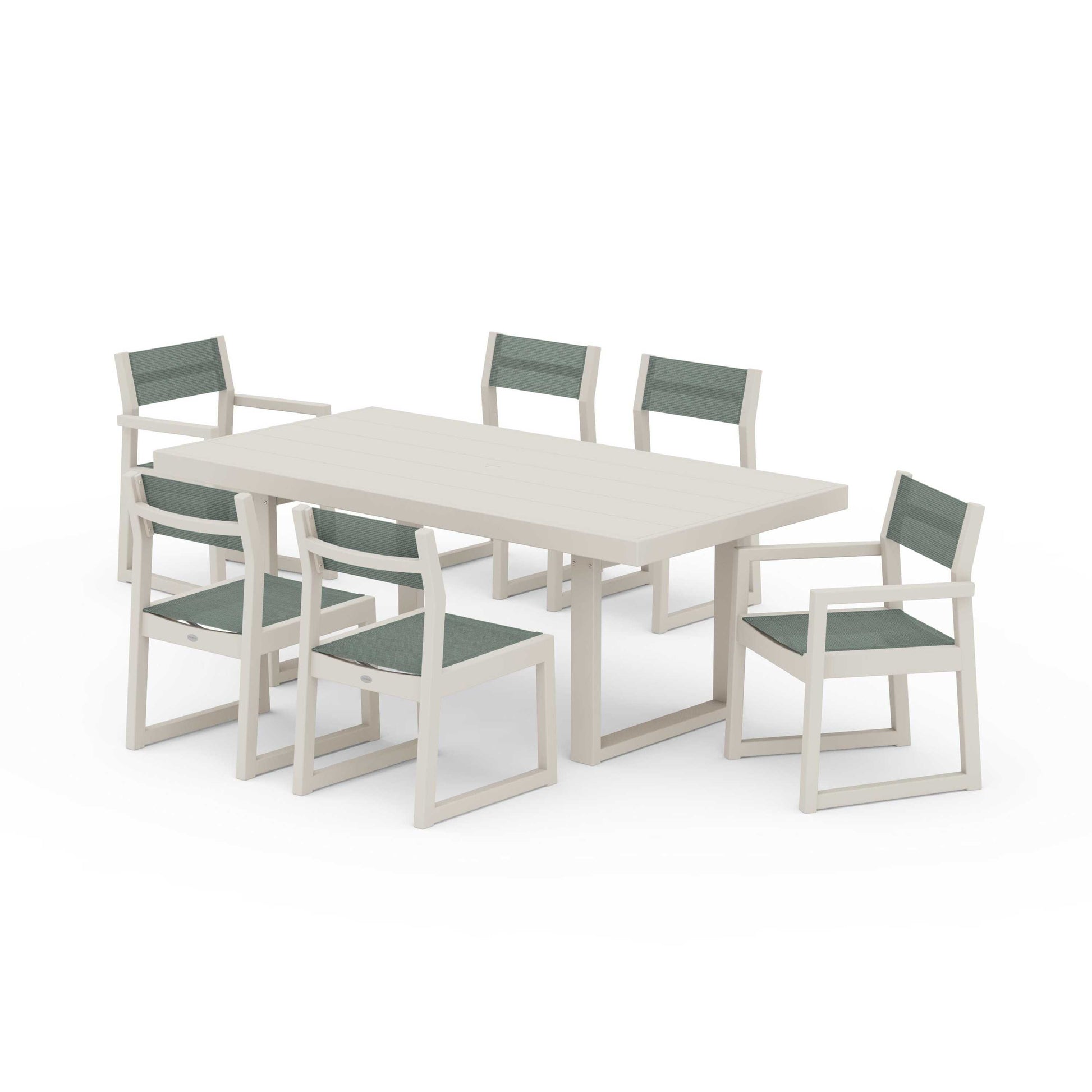 POLYWOOD EDGE Sling 7-Piece Dining Set — Sand / Dupioni Sea Mist Sling