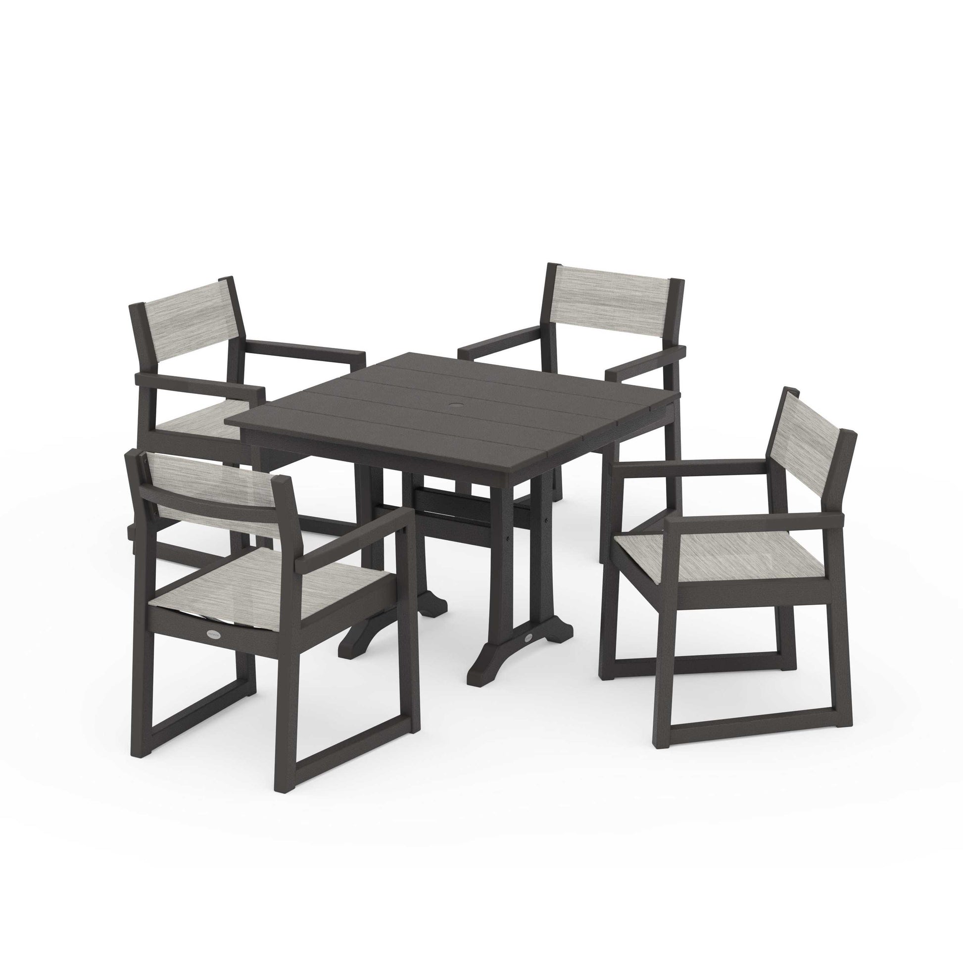 POLYWOOD EDGE Sling 5-Piece Farmhouse Dining Set with Trestle Legs — Vintage Coffee / Birch Sling