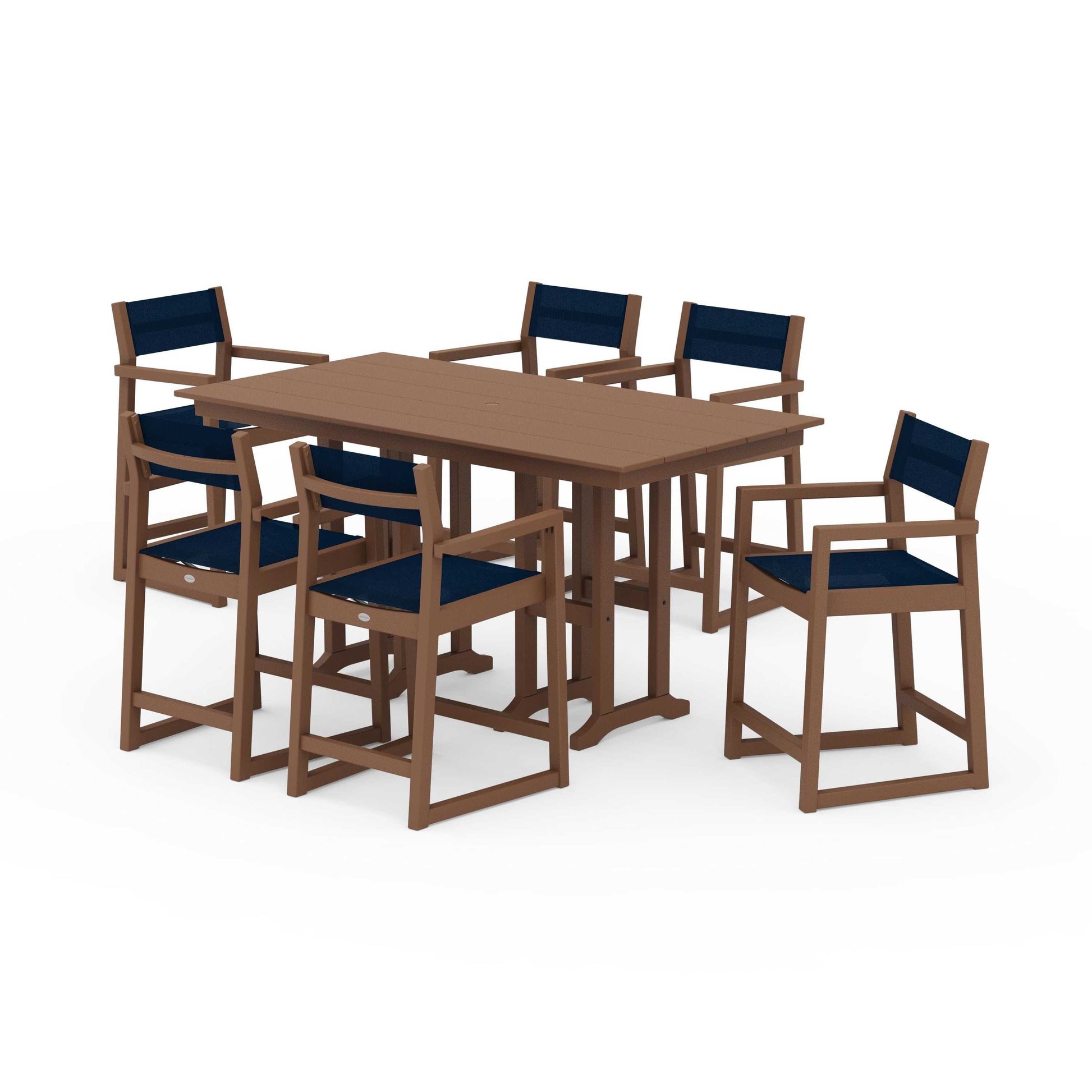 POLYWOOD EDGE Sling Arm Chair 7-Piece Farmhouse Counter Set — Teak / Navy Blue Sling