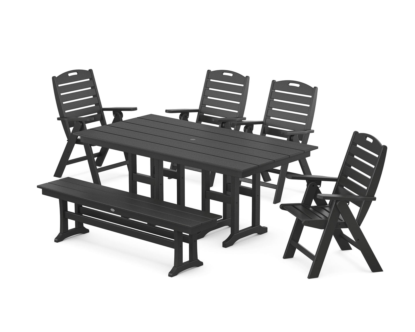 POLYWOOD Nautical Highback 6-Piece Farmhouse Dining Set with Bench — Black