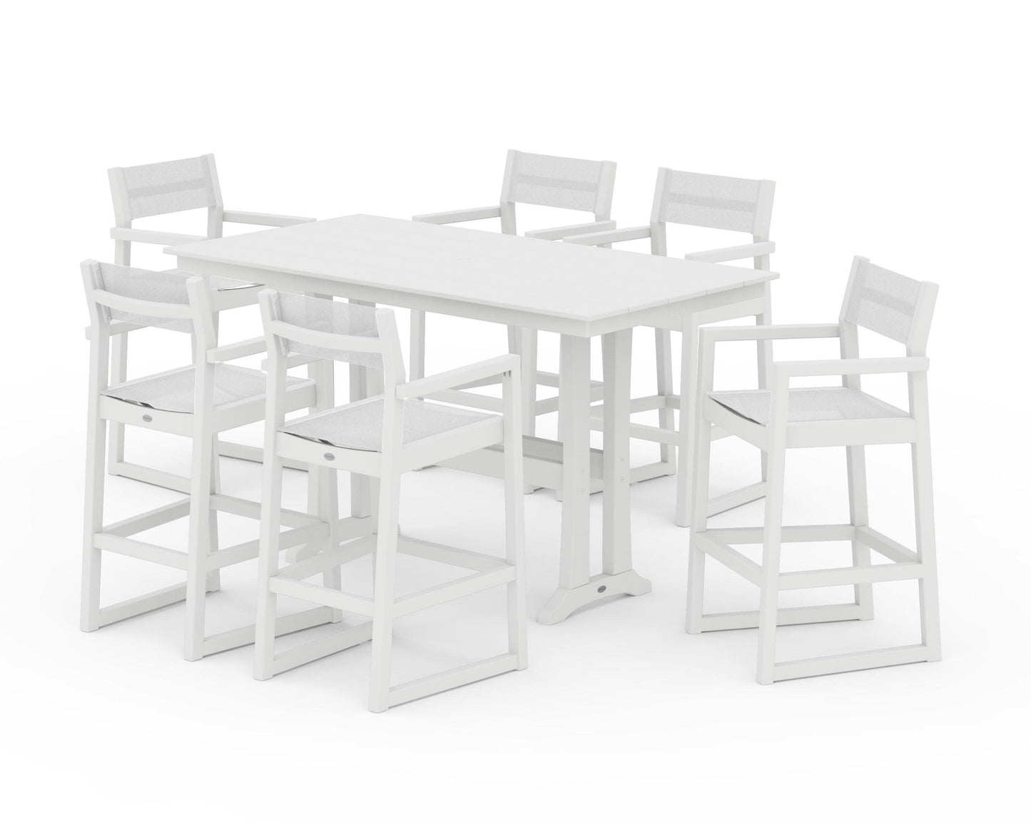 POLYWOOD EDGE Sling Arm Chair 7-Piece Farmhouse Bar Set with Trestle Legs — White / White Sling