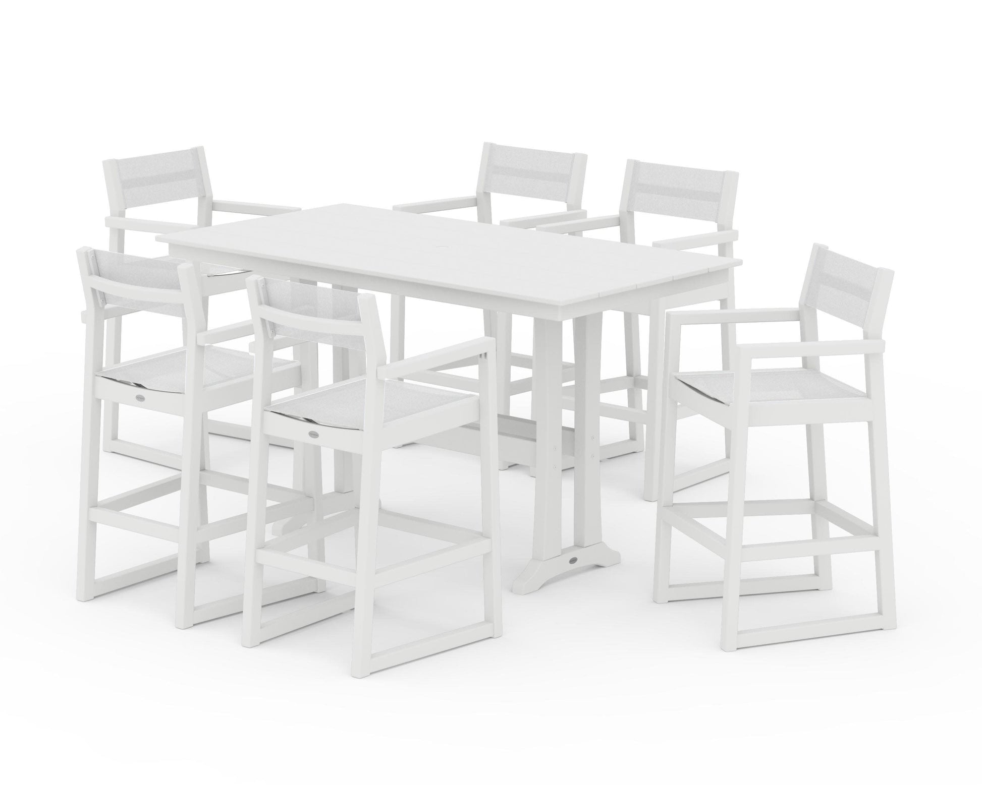 POLYWOOD EDGE Sling Arm Chair 7-Piece Farmhouse Bar Set with Trestle Legs — White / White Sling