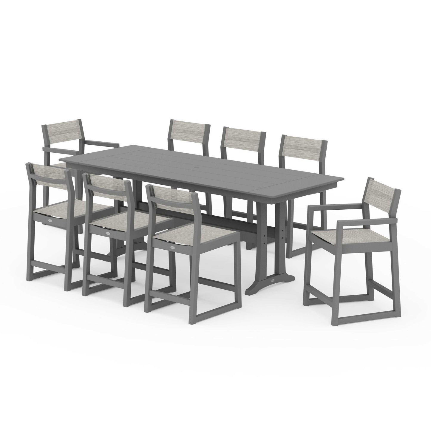 POLYWOOD EDGE Sling 9-Piece Farmhouse Counter Set with Trestle Legs — Slate Grey / Birch Sling
