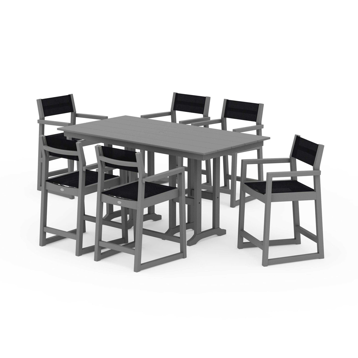 POLYWOOD EDGE Sling Arm Chair 7-Piece Farmhouse Counter Set — Slate Grey / Black Sling