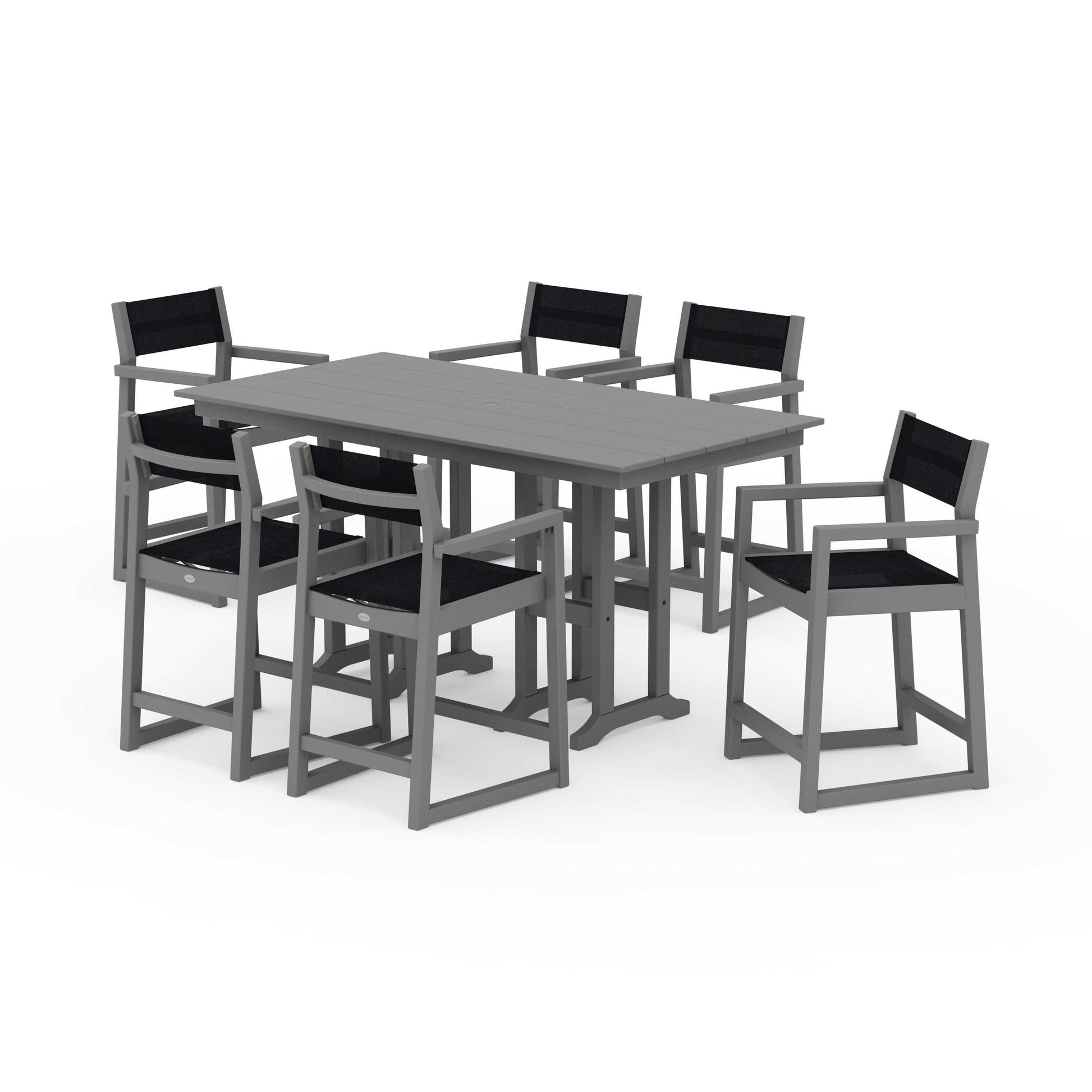 POLYWOOD EDGE Sling Arm Chair 7-Piece Farmhouse Counter Set — Slate Grey / Black Sling