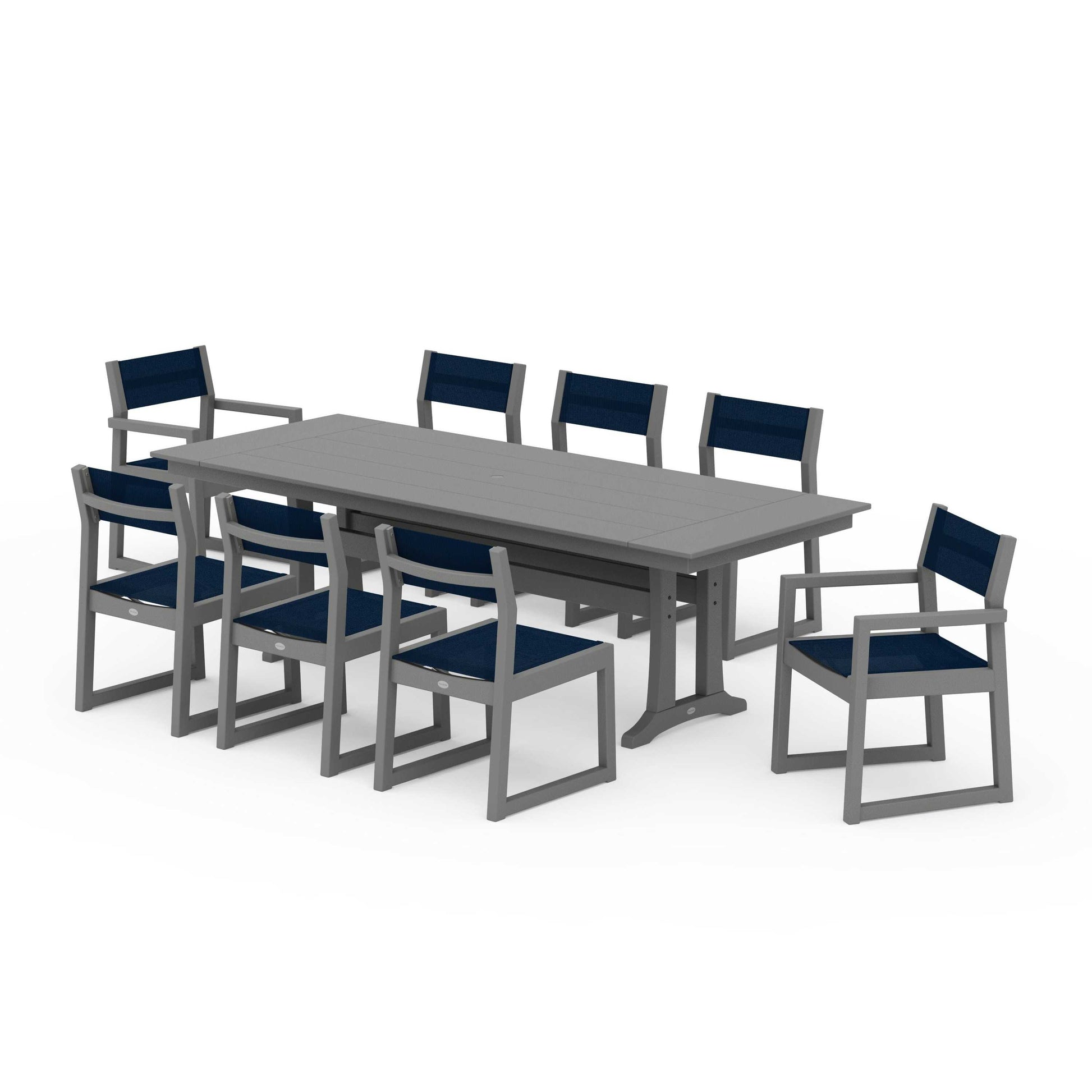 POLYWOOD EDGE Sling 9-Piece Farmhouse Trestle Dining Set — Slate Grey / Navy Blue Sling