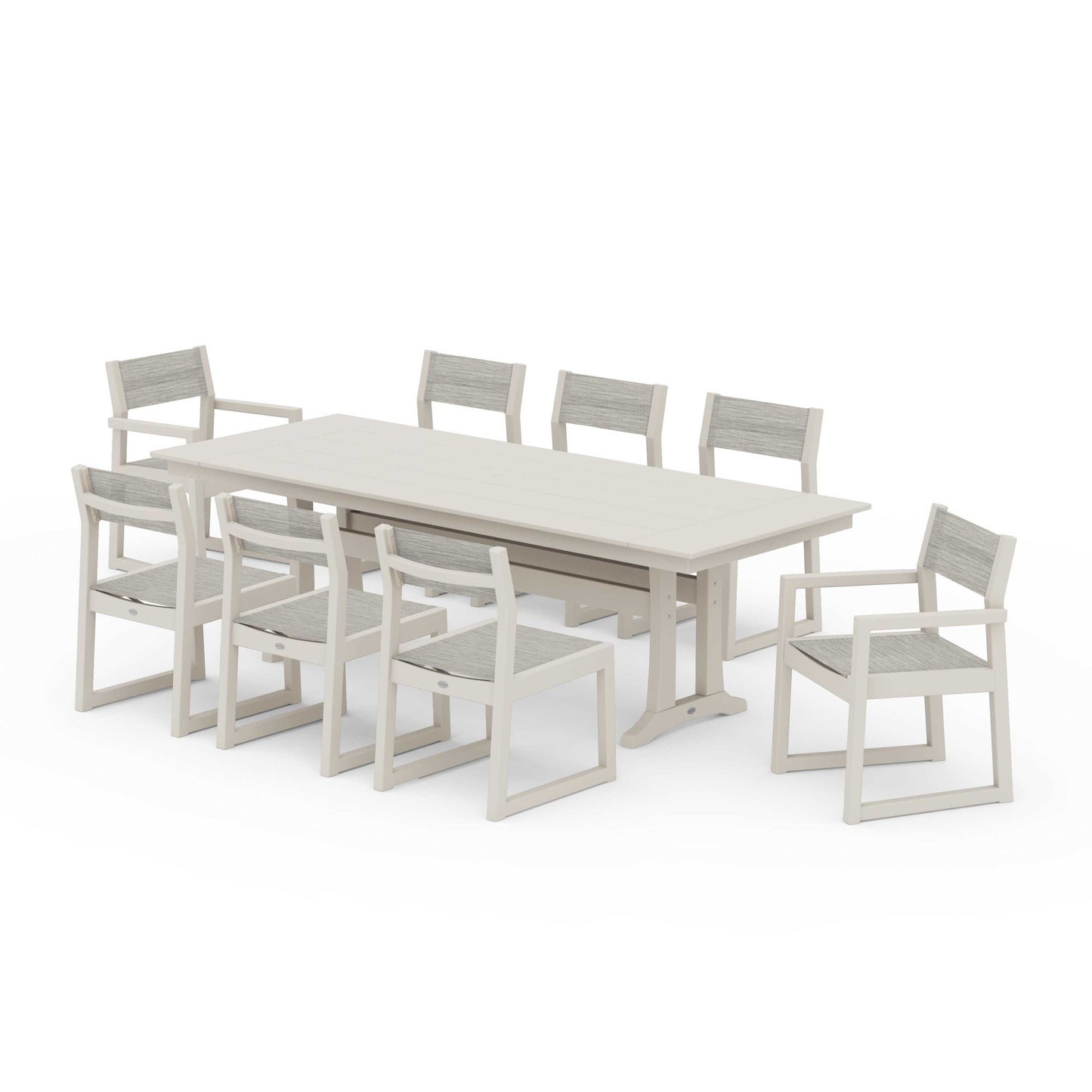 POLYWOOD EDGE Sling 9-Piece Farmhouse Trestle Dining Set — Sand / Birch Sling