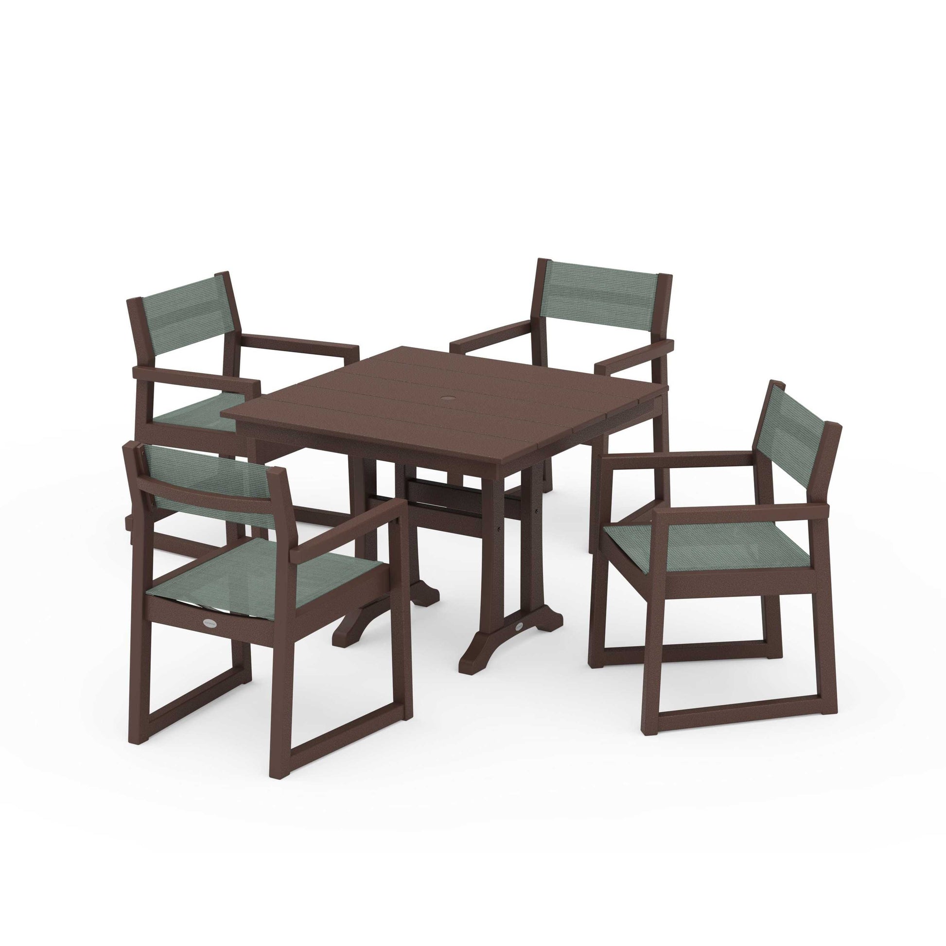 POLYWOOD EDGE Sling 5-Piece Farmhouse Dining Set with Trestle Legs — Mahogany / Dupioni Sea Mist Sling