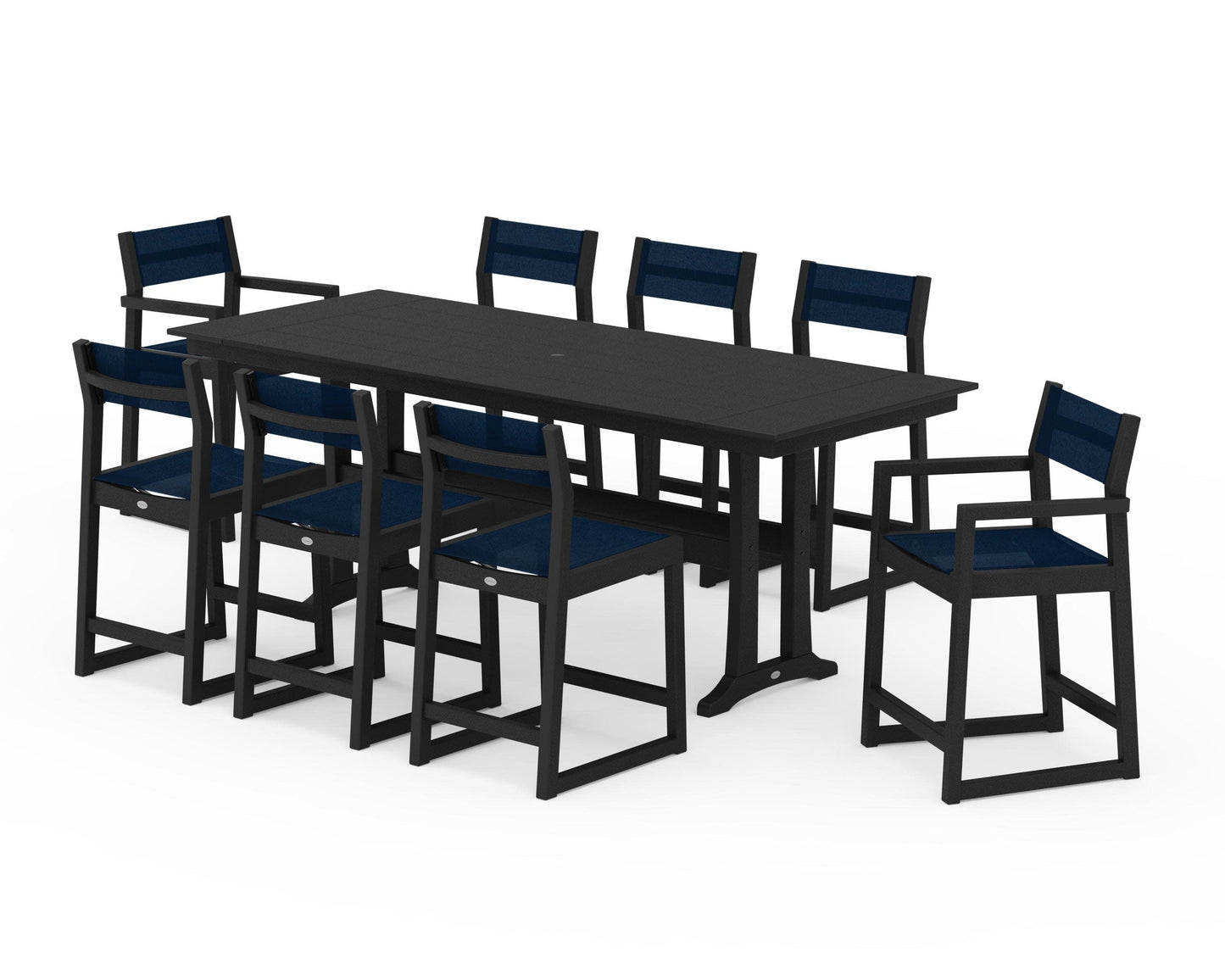 POLYWOOD EDGE Sling 9-Piece Farmhouse Counter Set with Trestle Legs — Black / Navy Blue Sling