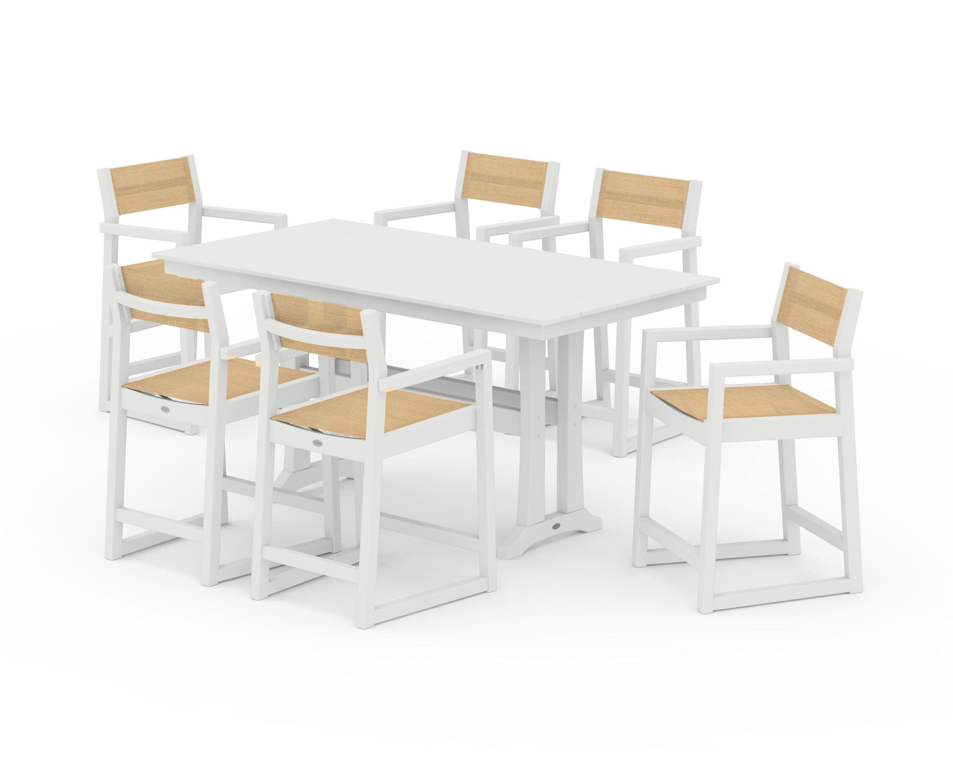 POLYWOOD EDGE Sling Arm Chair 7-Piece Farmhouse Counter Set with Trestle Legs — White / Dupioni Apricot Sling