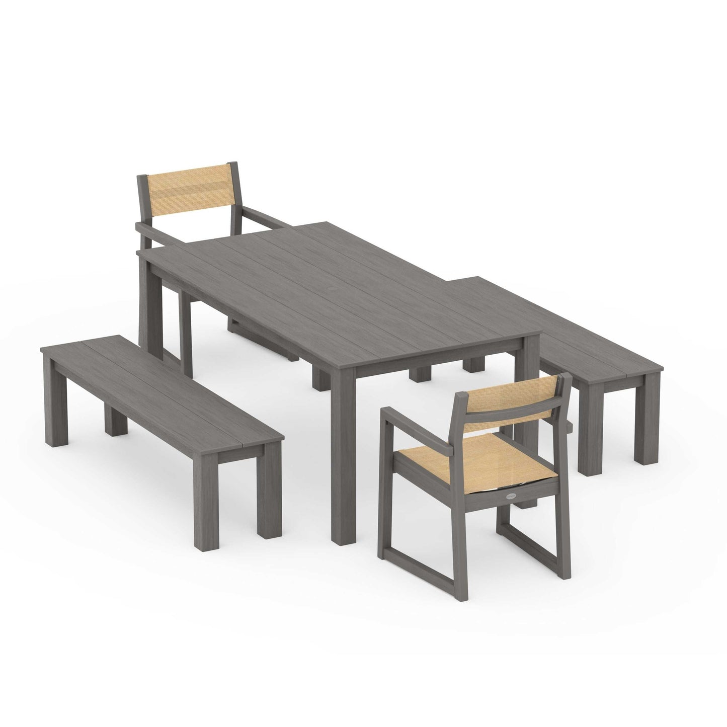 POLYWOOD EDGE Sling Arm Chair 5-Piece Parsons Dining Set with Benches — Driftwood / Dupioni Apricot Sling