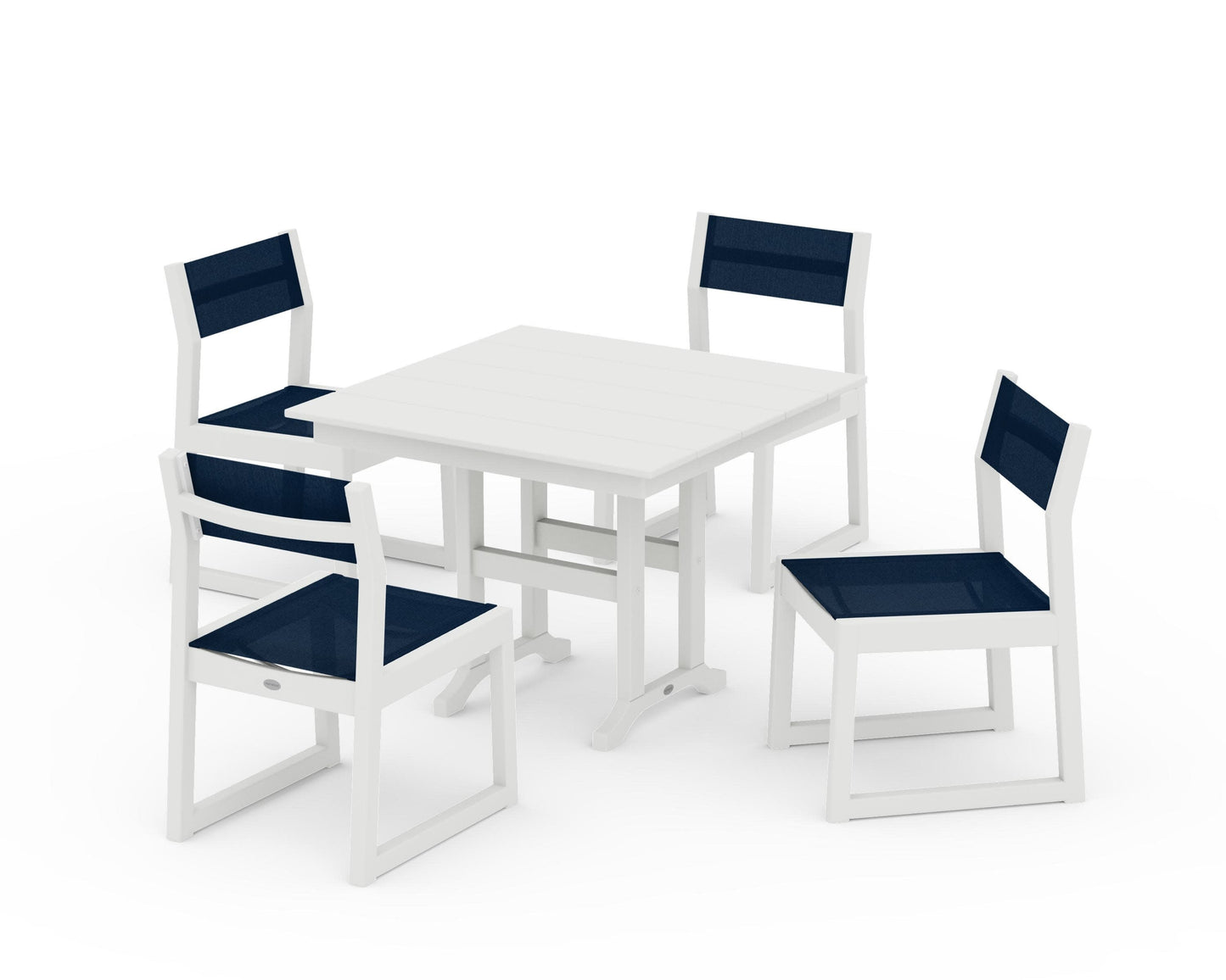 POLYWOOD EDGE Sling Side Chair 5-Piece Farmhouse Dining Set — Vintage White / Navy Blue Sling
