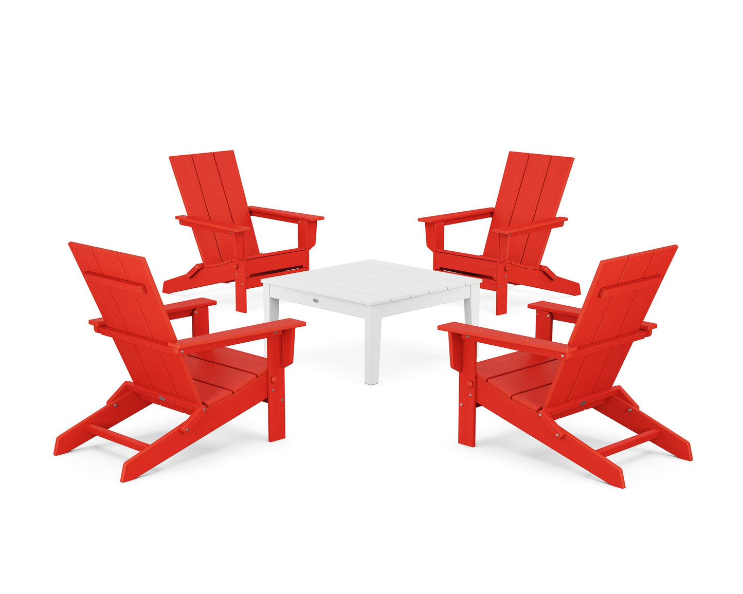 POLYWOOD 5-Piece Modern Studio Folding Adirondack Chair Conversation Group — Sunset Red / White