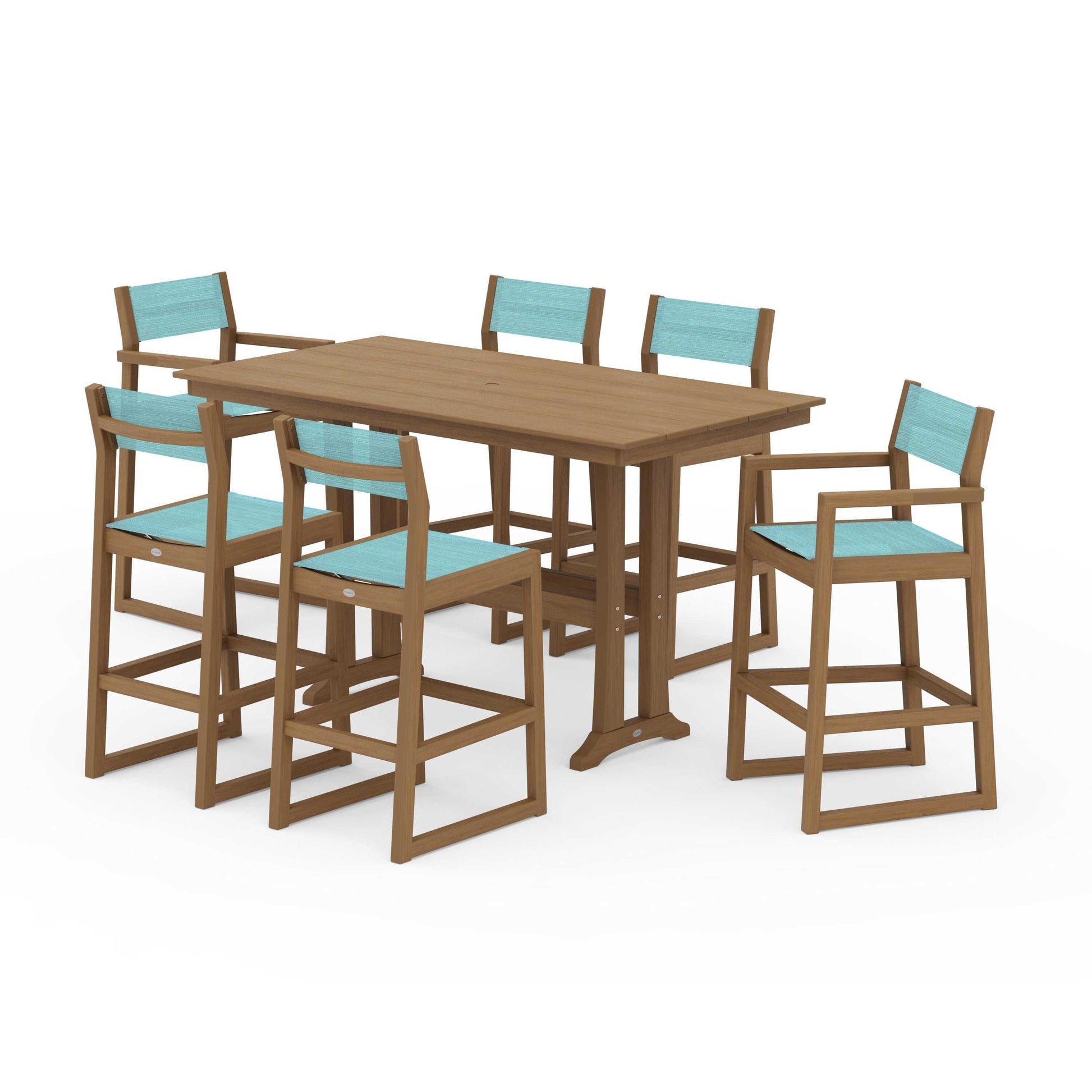 POLYWOOD EDGE Sling 7-Piece Farmhouse Bar Set with Trestle Legs — Natural / Dupioni Aquamarine Sling