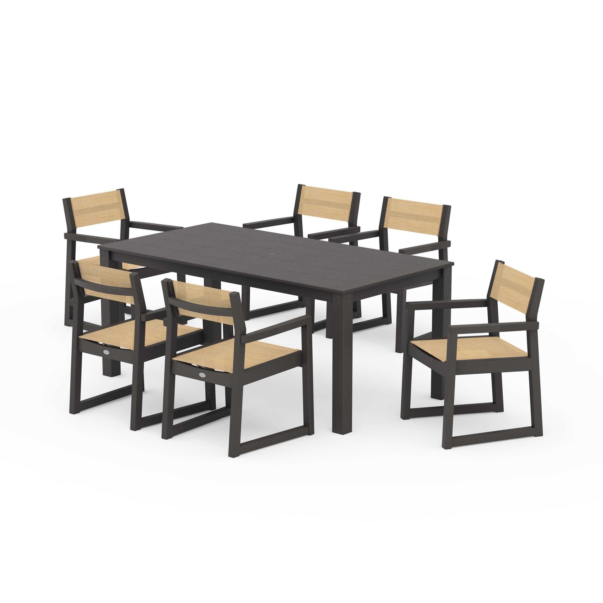 POLYWOOD EDGE Sling Arm Chair 7-Piece Parsons Dining Set — Vintage Coffee / Dupioni Apricot Sling