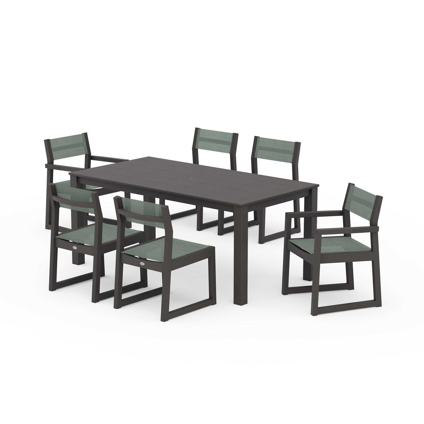 POLYWOOD EDGE Sling 7-Piece Parsons Dining Set — Vintage Coffee / Dupioni Sea Mist Sling