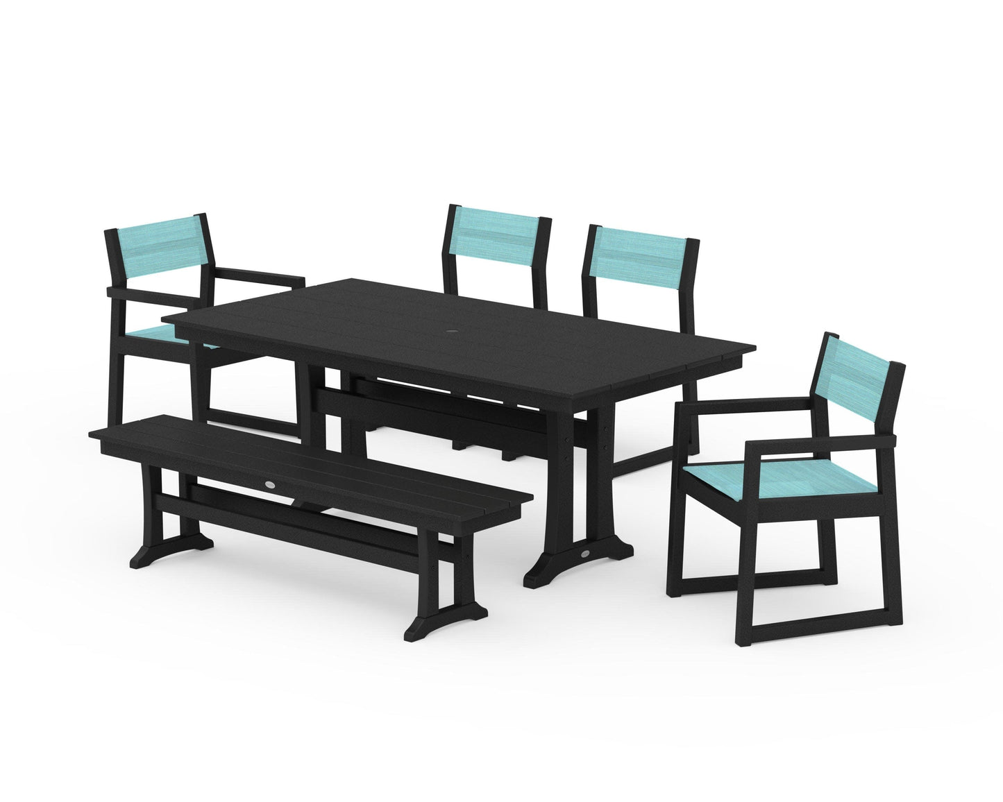POLYWOOD EDGE Sling 6-Piece Farmhouse Dining Set With Trestle Legs — Black / Dupioni Aquamarine Sling