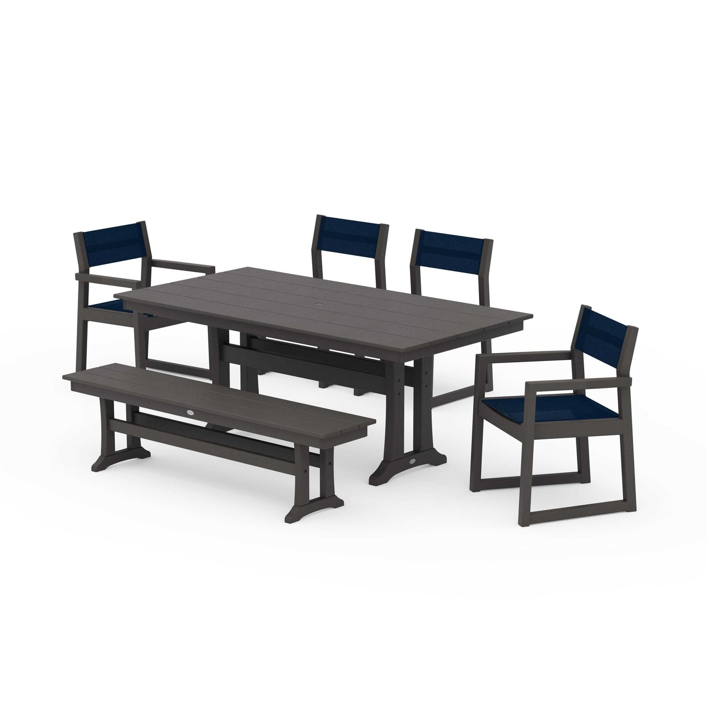 POLYWOOD EDGE Sling 6-Piece Farmhouse Dining Set With Trestle Legs — Vintage Coffee / Navy Blue Sling