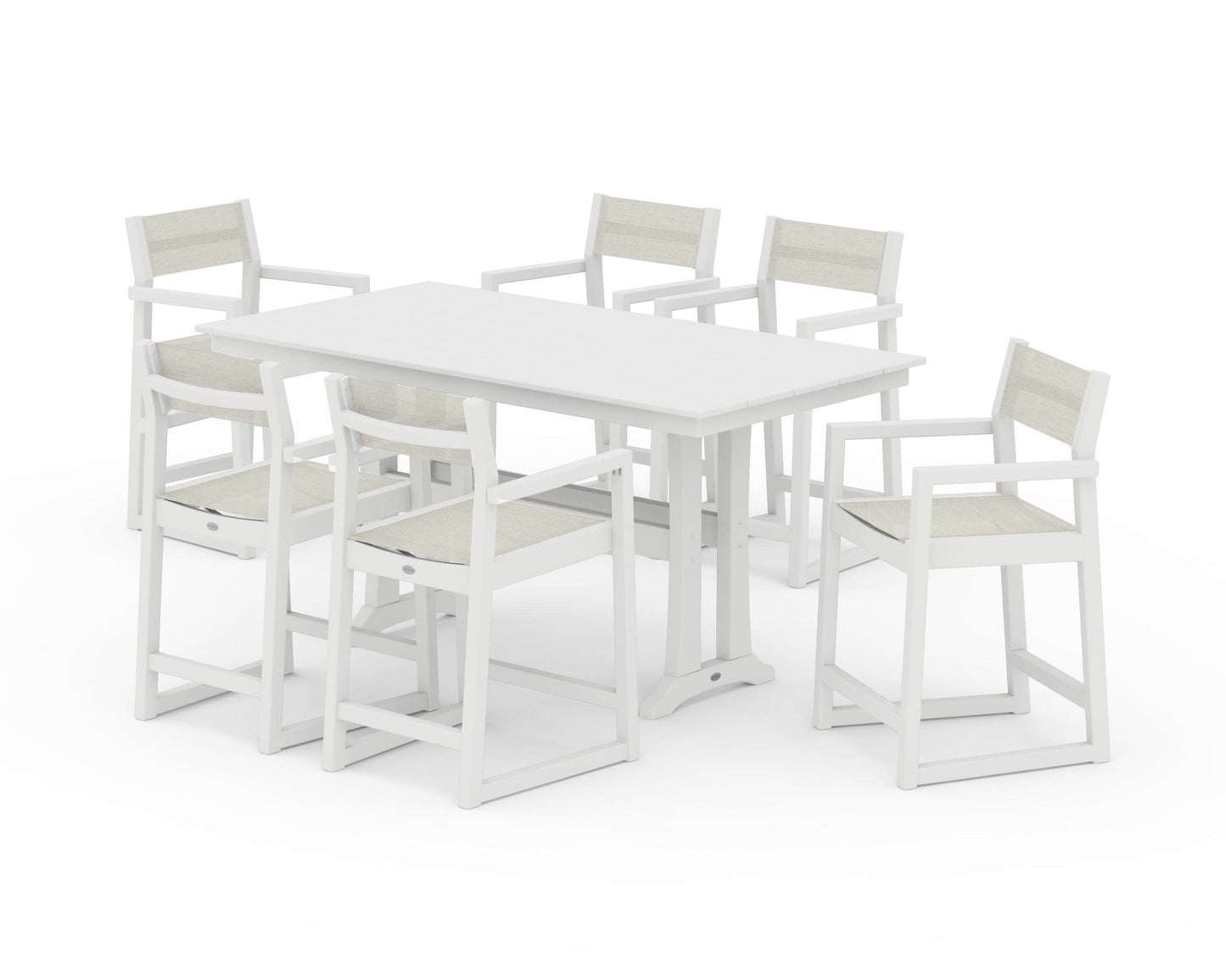 POLYWOOD EDGE Sling Arm Chair 7-Piece Farmhouse Counter Set with Trestle Legs — White / Parchment Sling