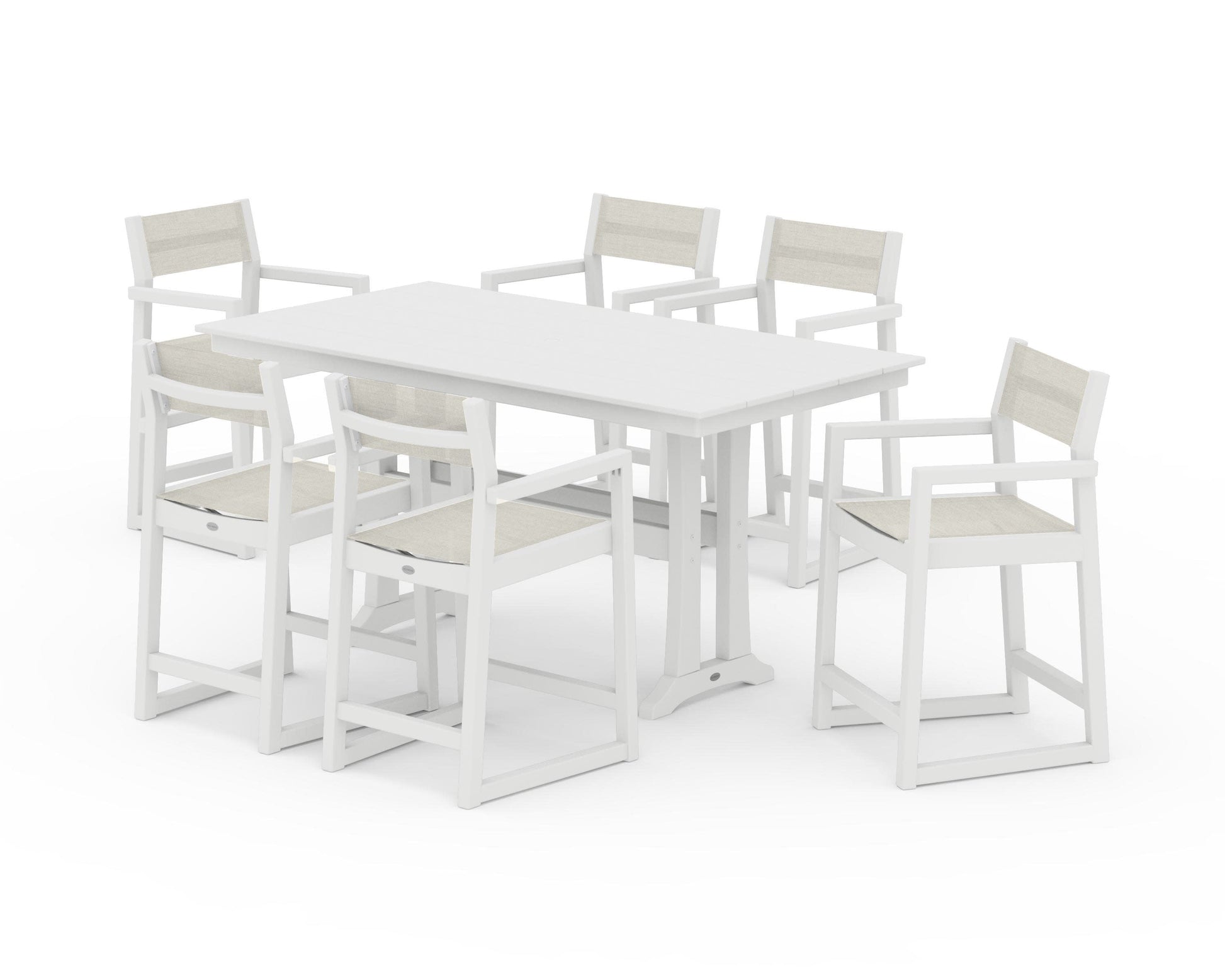 POLYWOOD EDGE Sling Arm Chair 7-Piece Farmhouse Counter Set with Trestle Legs — White / Parchment Sling