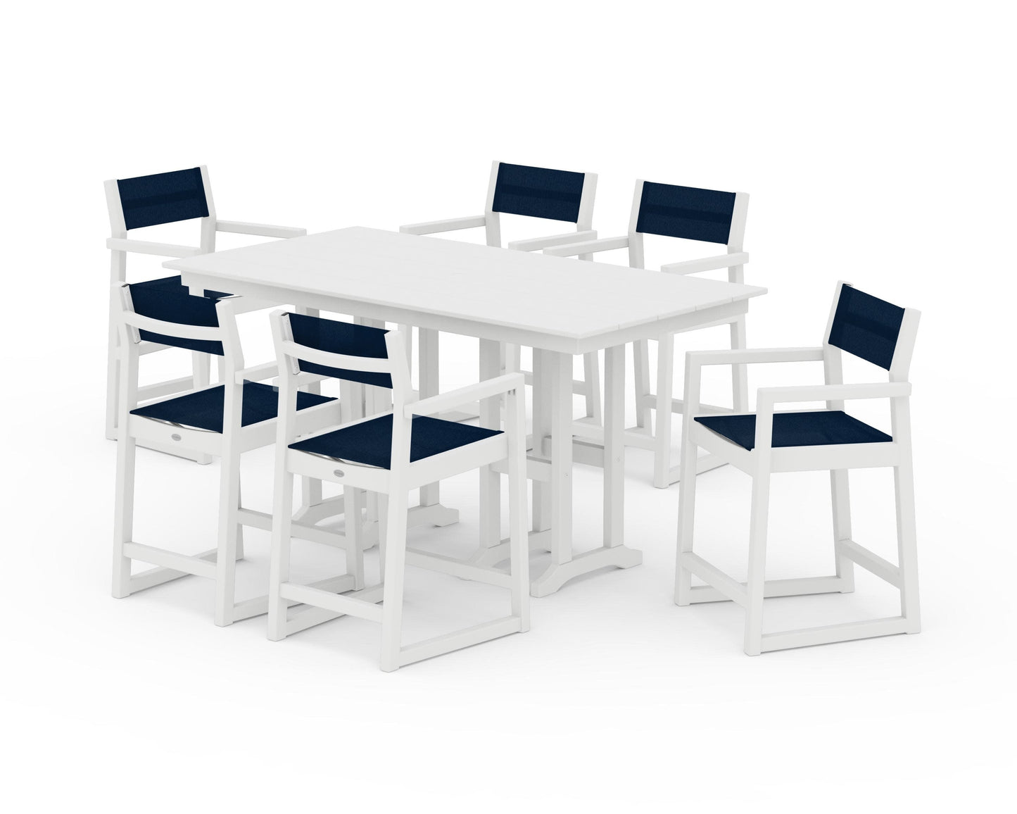 POLYWOOD EDGE Sling Arm Chair 7-Piece Farmhouse Counter Set — White / Navy Blue Sling