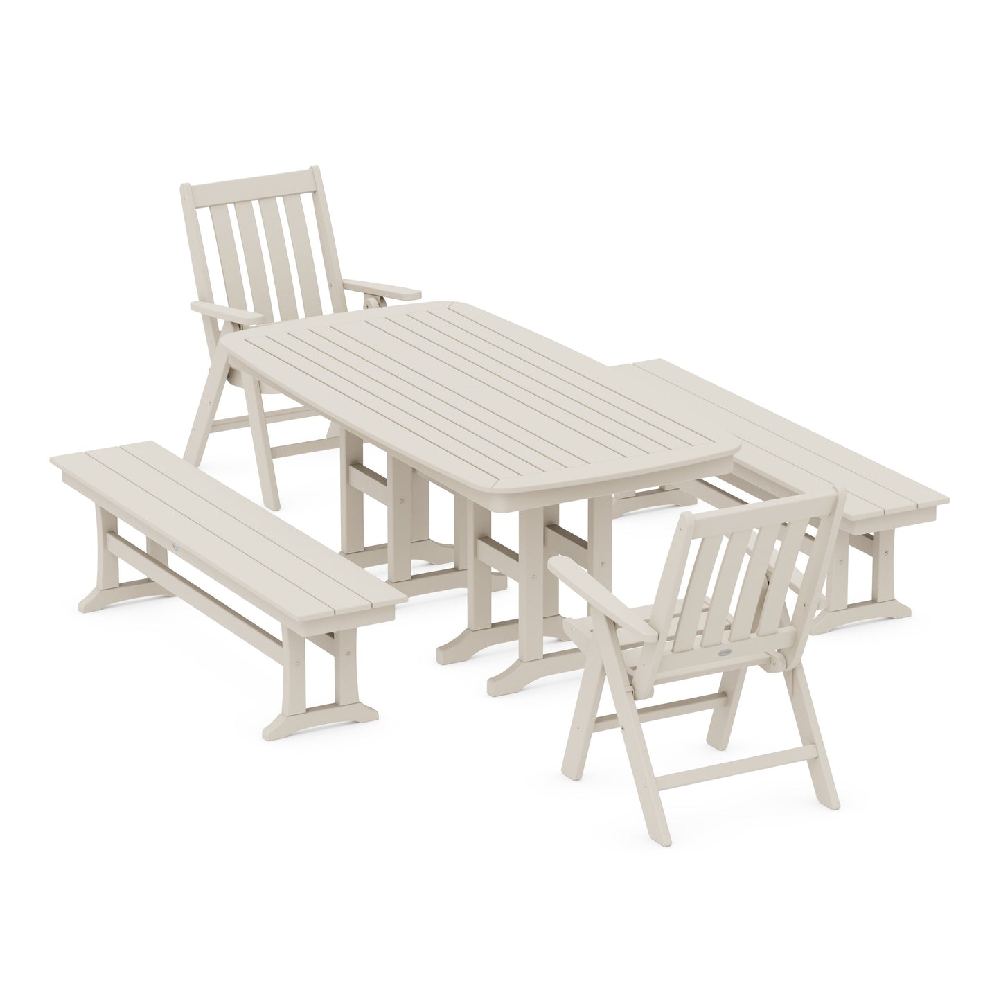 POLYWOOD Vineyard Folding Chair 6-Piece Dining Set with Benches — Sand