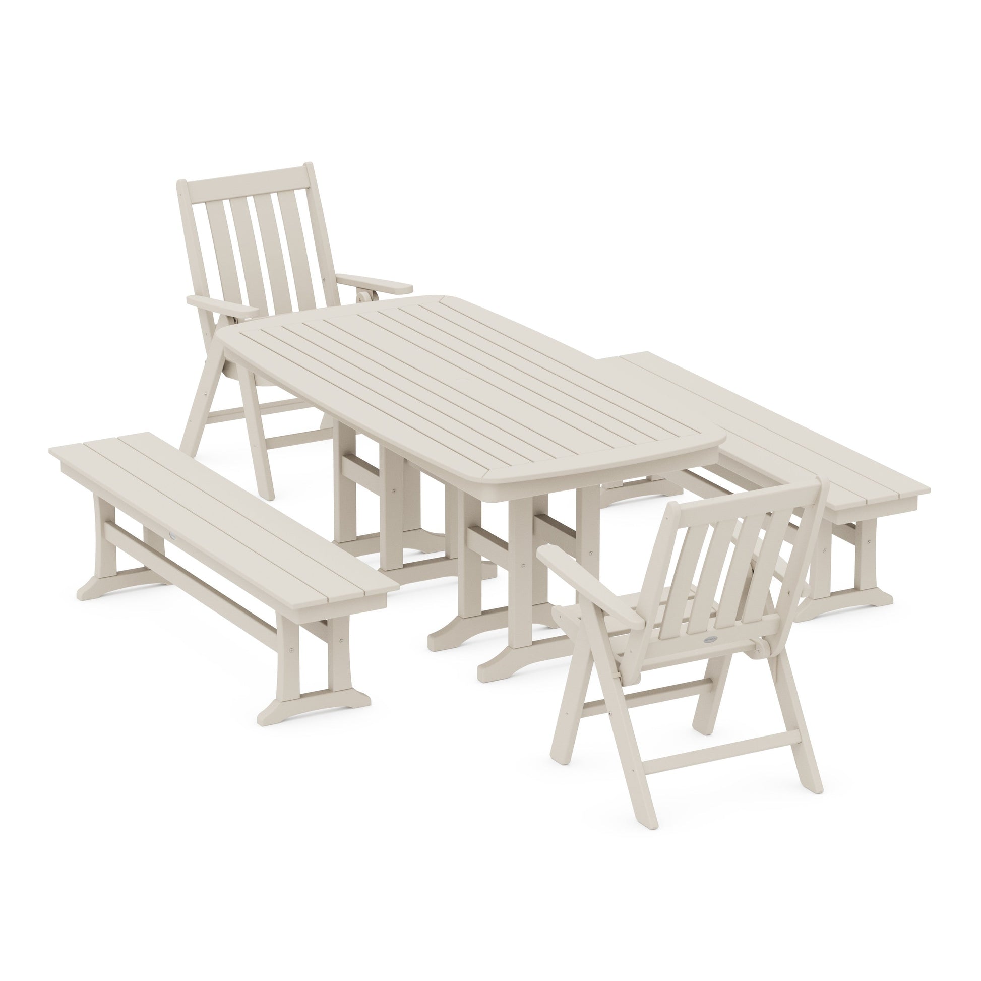 POLYWOOD Vineyard Folding Chair 6-Piece Dining Set with Benches — Sand