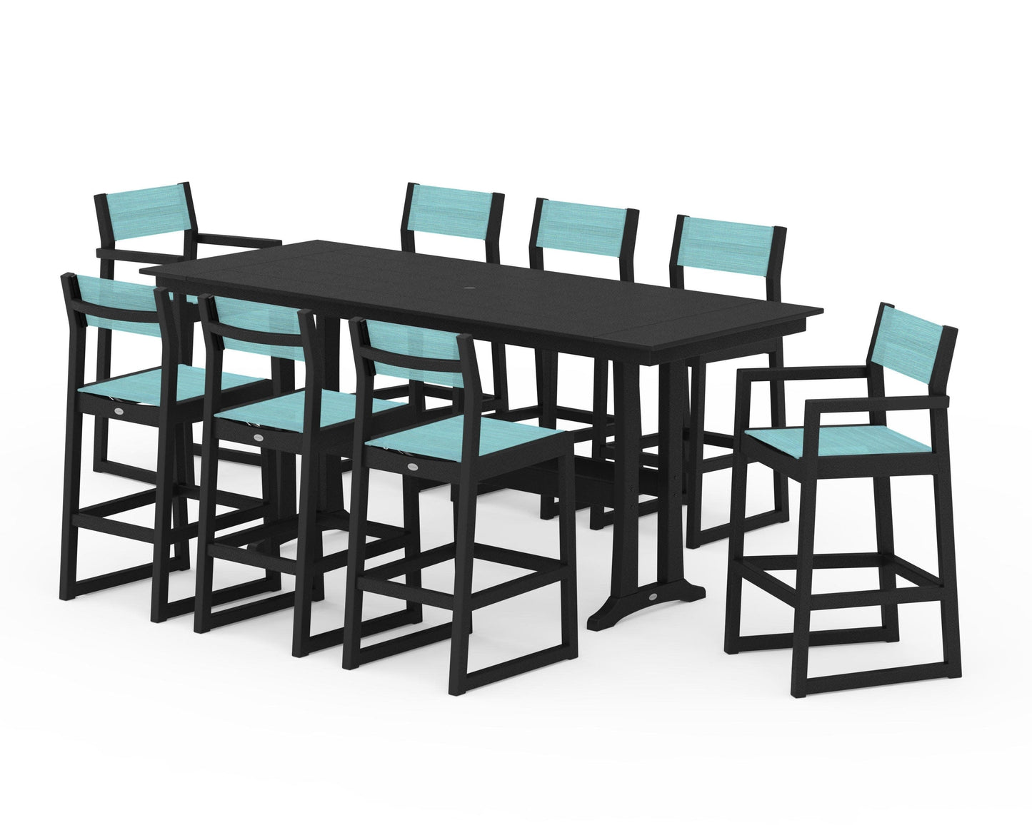 POLYWOOD EDGE Sling 9-Piece Farmhouse Bar Set with Trestle Legs — Black / Dupioni Aquamarine Sling