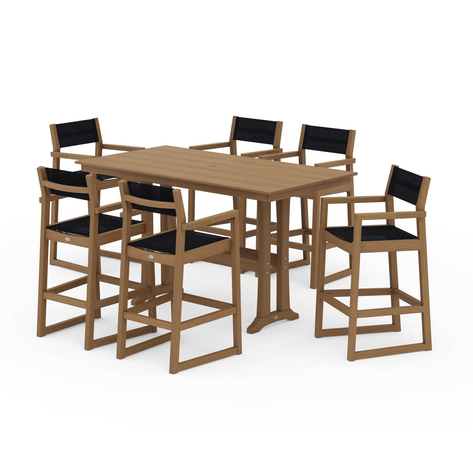 POLYWOOD EDGE Sling Arm Chair 7-Piece Farmhouse Bar Set with Trestle Legs — Natural / Black Sling