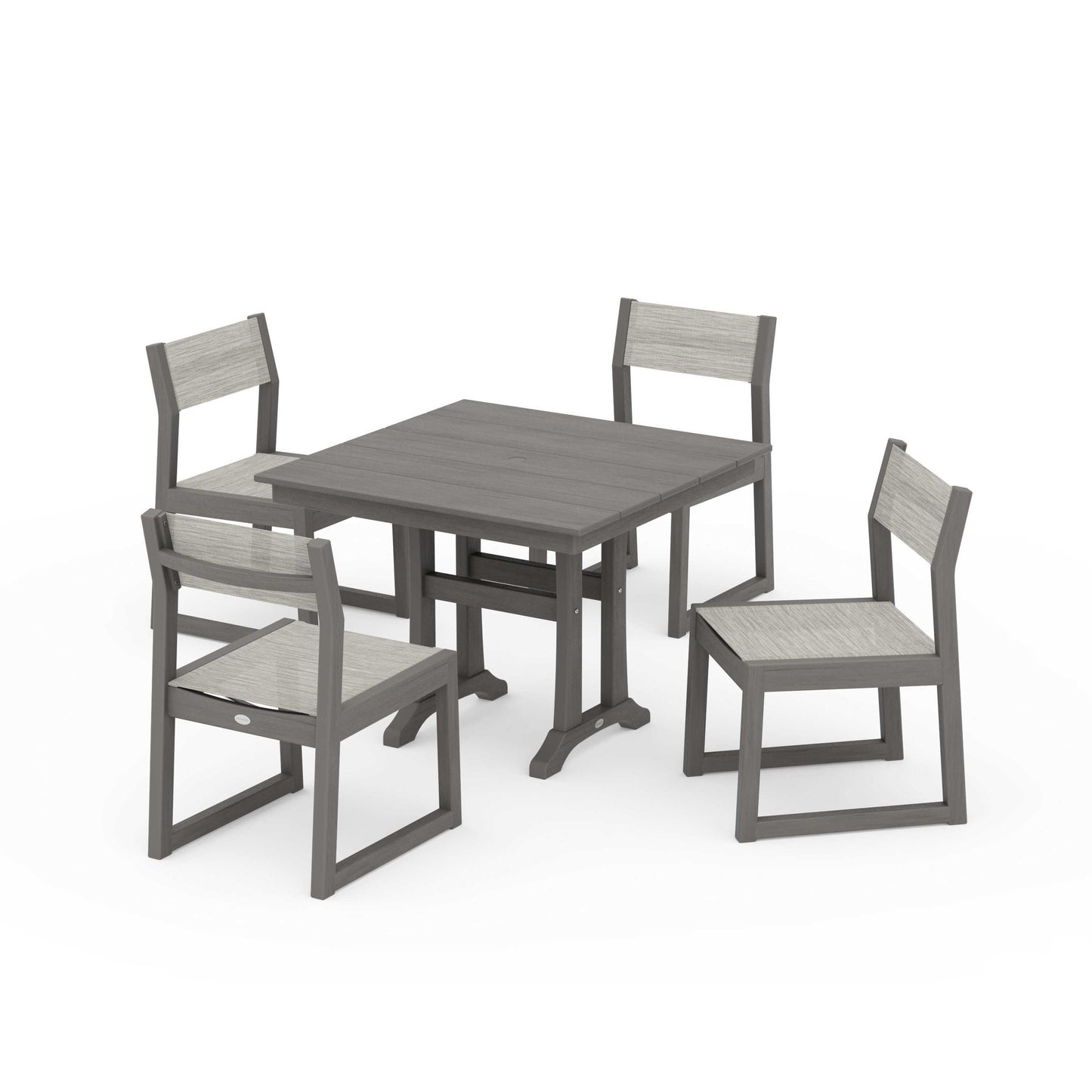 POLYWOOD EDGE Sling 5-Piece Farmhouse Trestle Side Chair Dining Set — Driftwood / Birch Sling