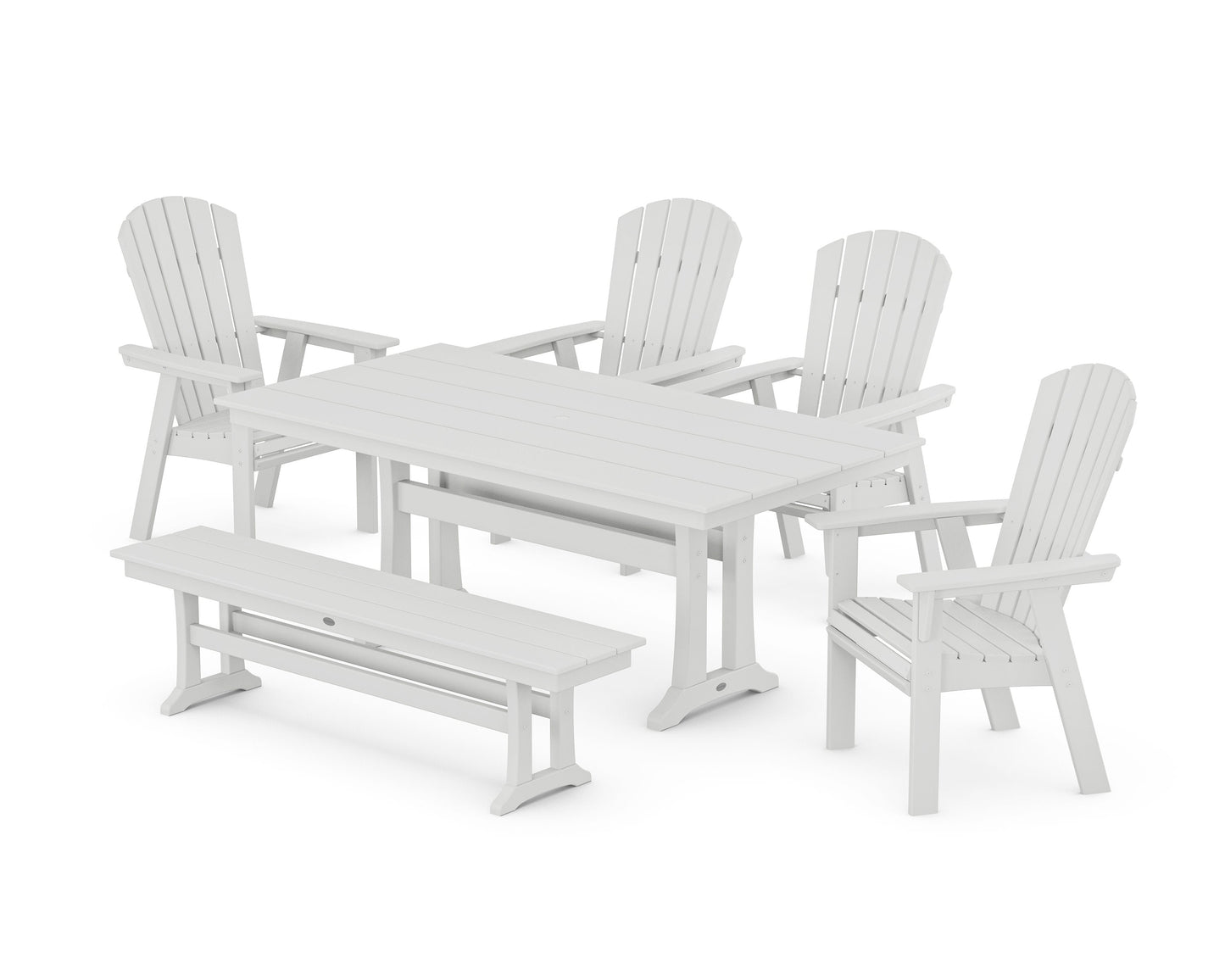 POLYWOOD Nautical Curveback Adirondack 6-Piece Farmhouse Dining Set with Trestle Legs and Bench — White