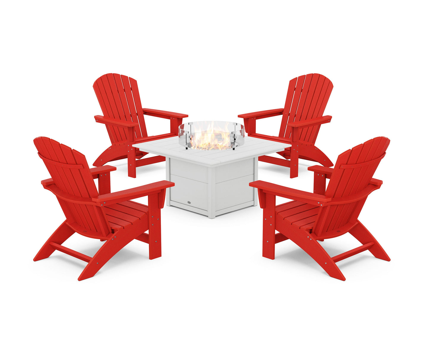 POLYWOOD 5-Piece Nautical Grand Adirondack Conversation Set with Fire Pit Table — Sunset Red / White