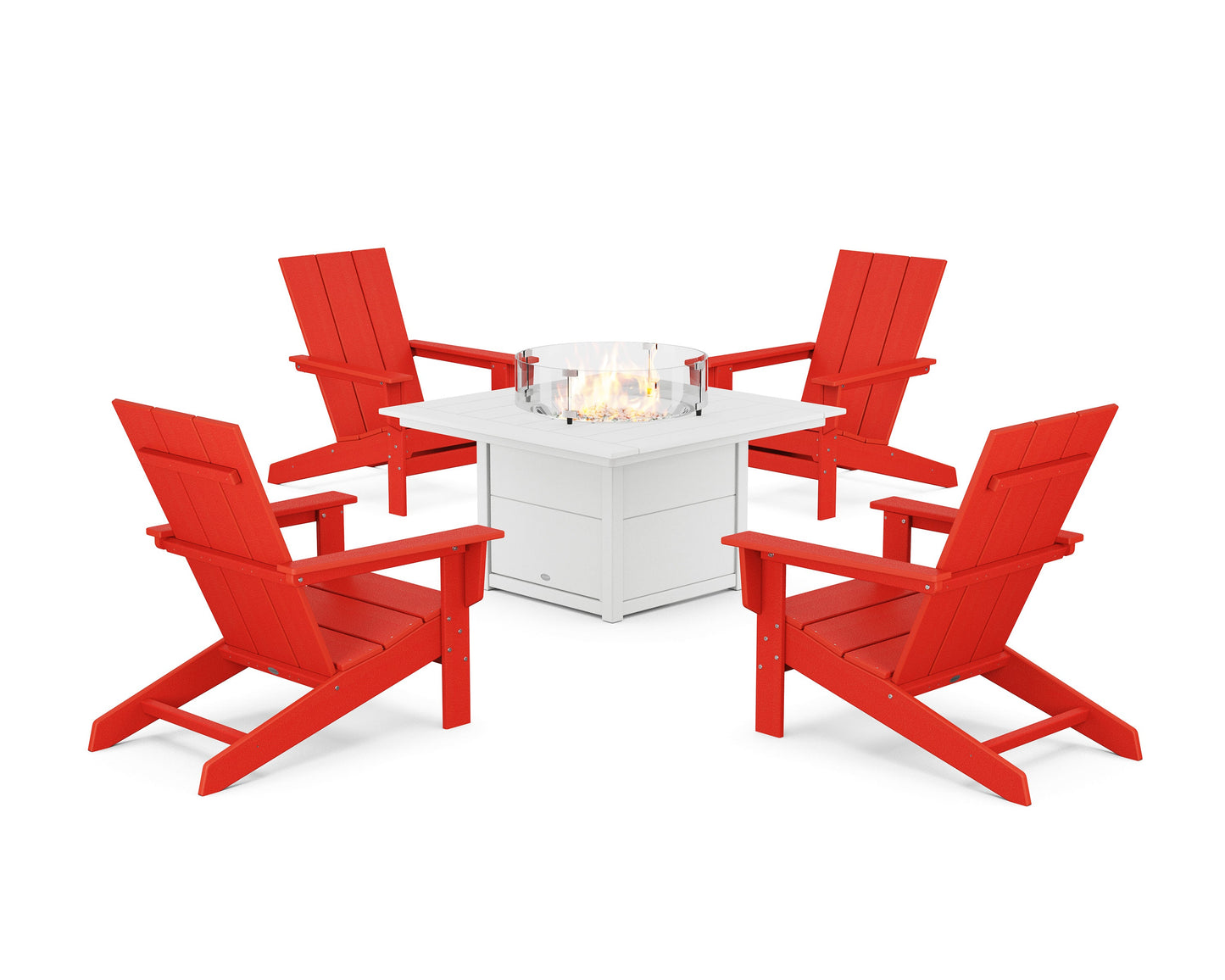 POLYWOOD 5-Piece Modern Studio Adirondack Conversation Set with Fire Pit Table — Sunset Red / White