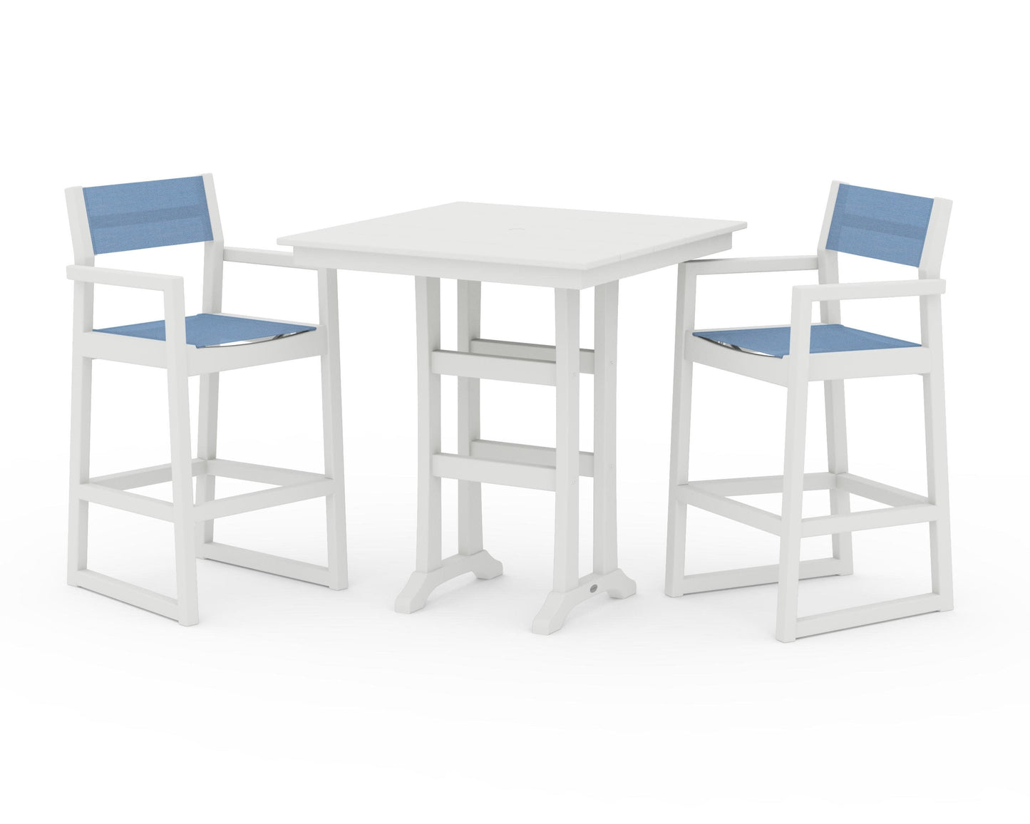 POLYWOOD EDGE Sling Arm Chair 3-Piece Farmhouse Bar Set with Trestle Legs — Vintage White / Poolside Sling