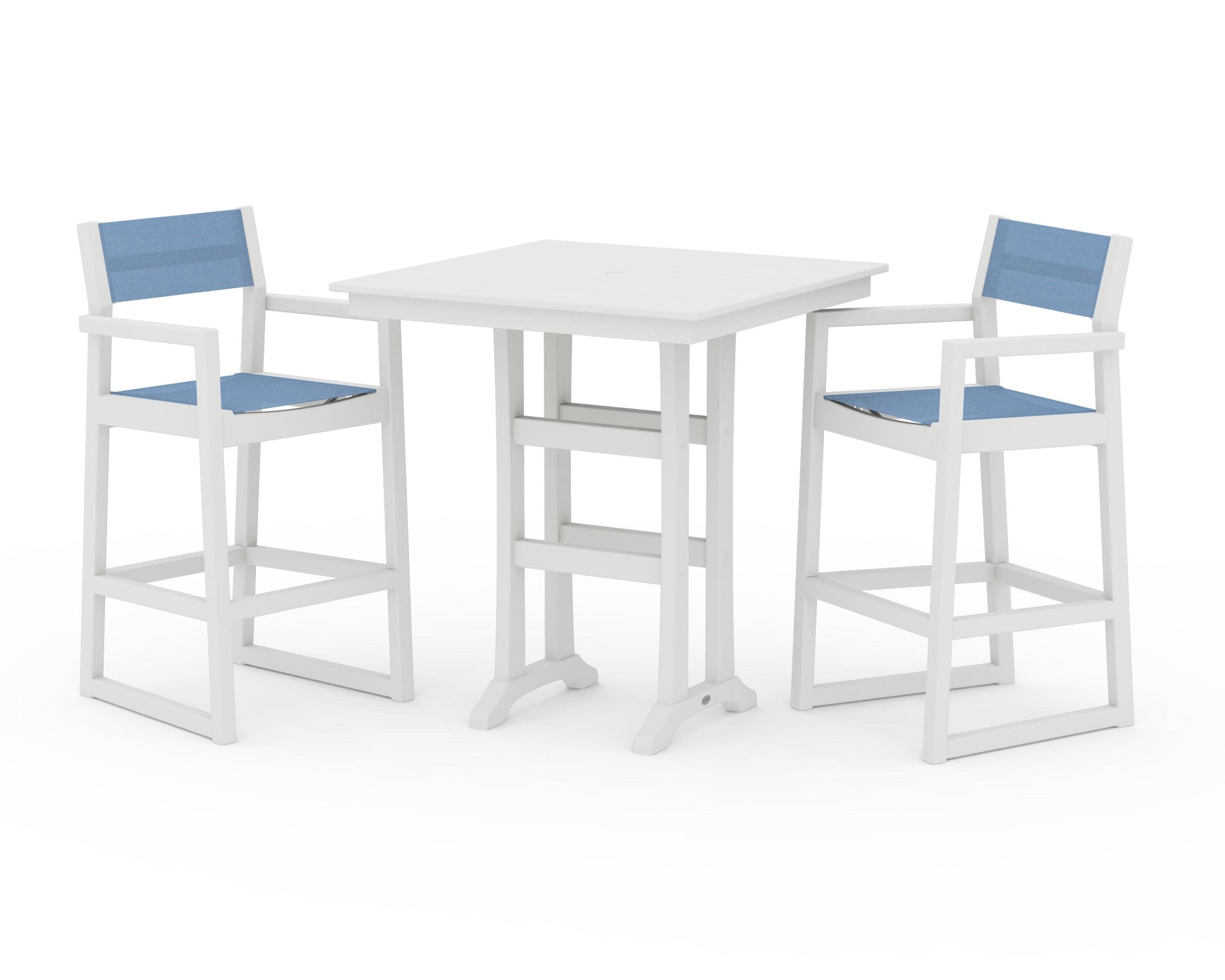 POLYWOOD EDGE Sling Arm Chair 3-Piece Farmhouse Bar Set with Trestle Legs — Vintage White / Poolside Sling