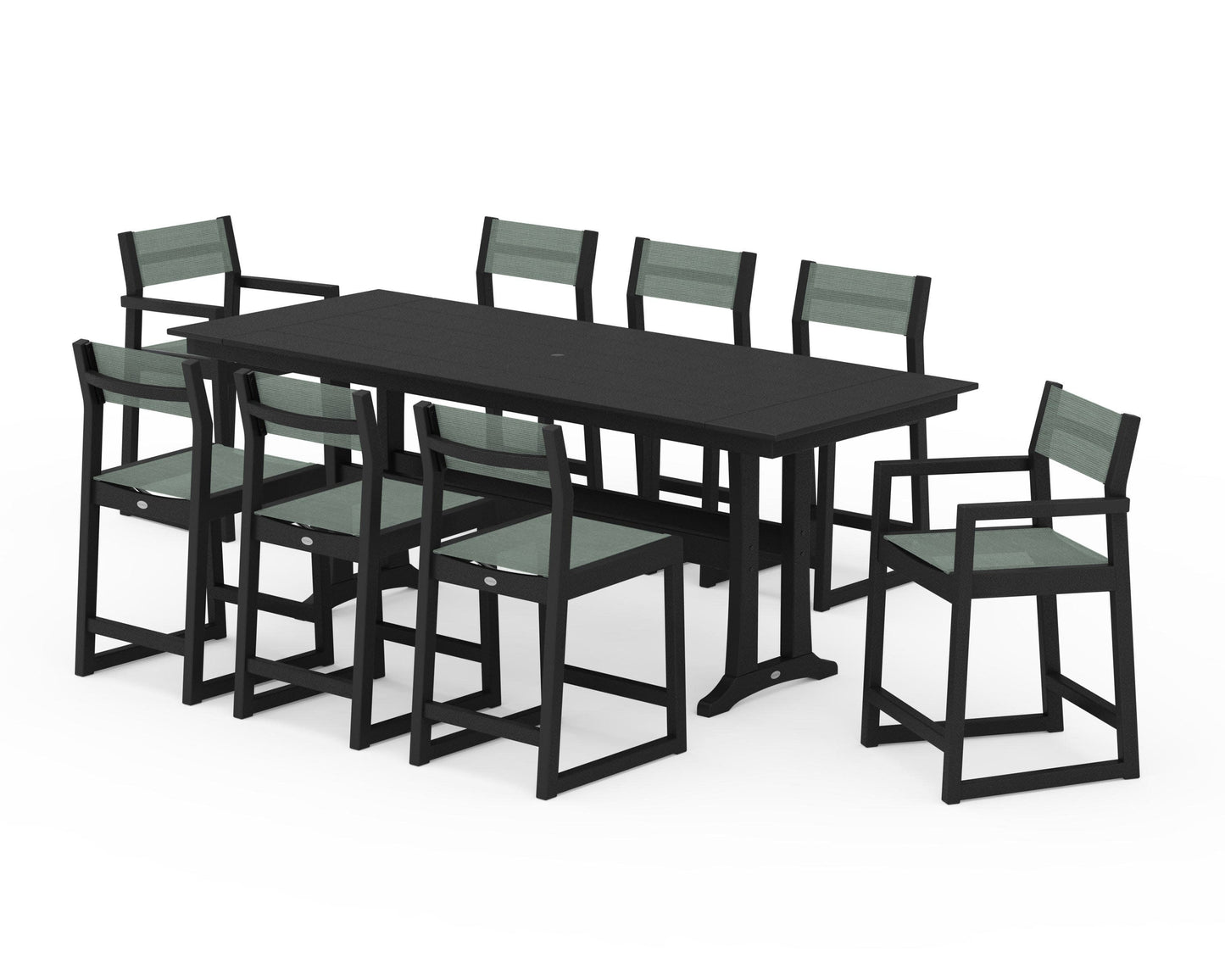 POLYWOOD EDGE Sling 9-Piece Farmhouse Counter Set with Trestle Legs — Black / Dupioni Sea Mist Sling