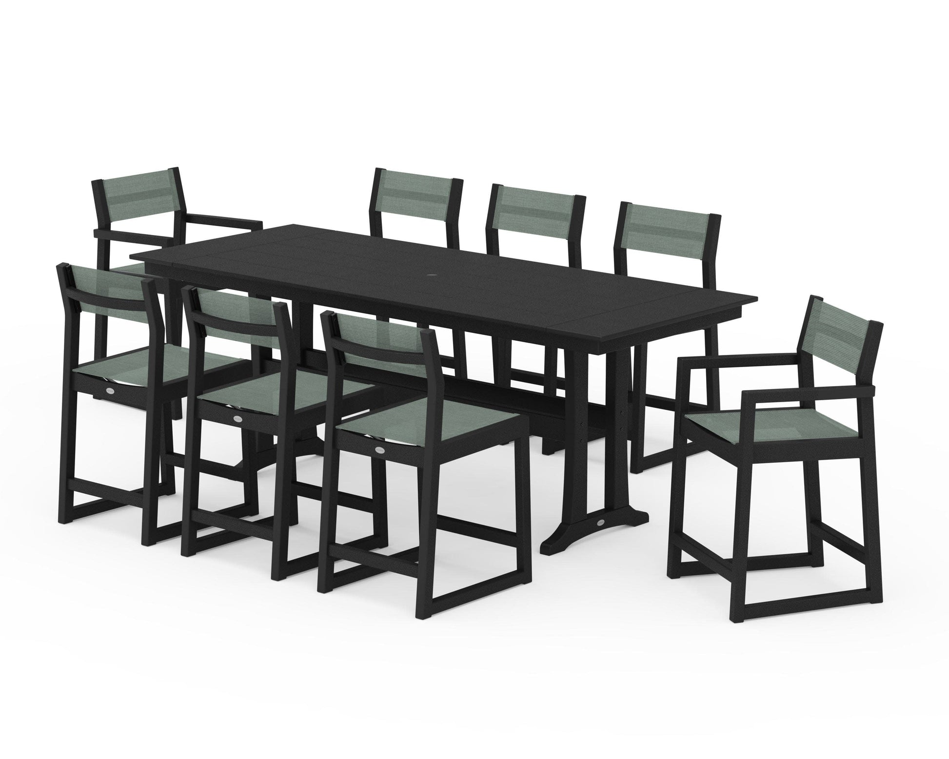 POLYWOOD EDGE Sling 9-Piece Farmhouse Counter Set with Trestle Legs — Black / Dupioni Sea Mist Sling