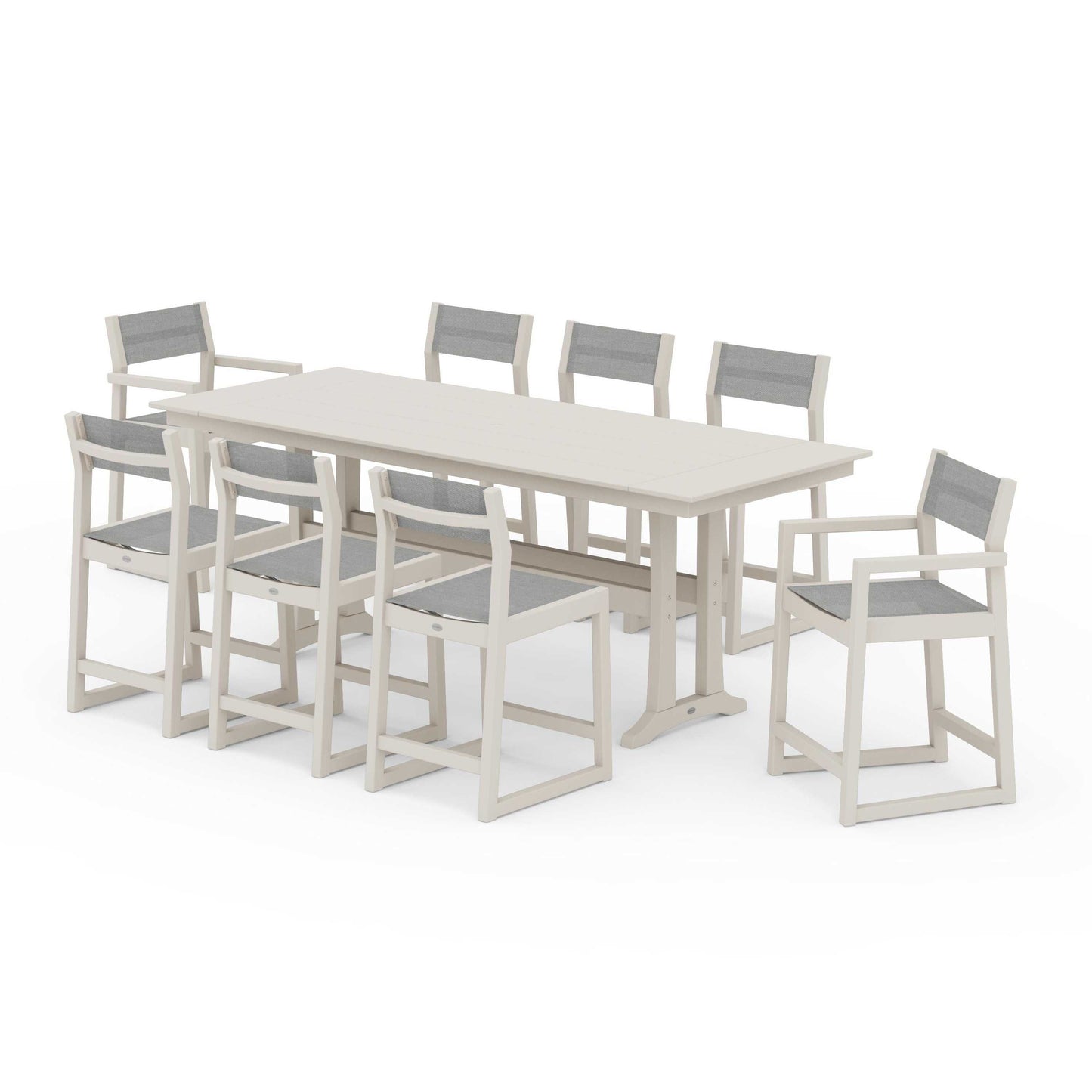 POLYWOOD EDGE Sling 9-Piece Farmhouse Counter Set with Trestle Legs — Sand / Metallic Sling
