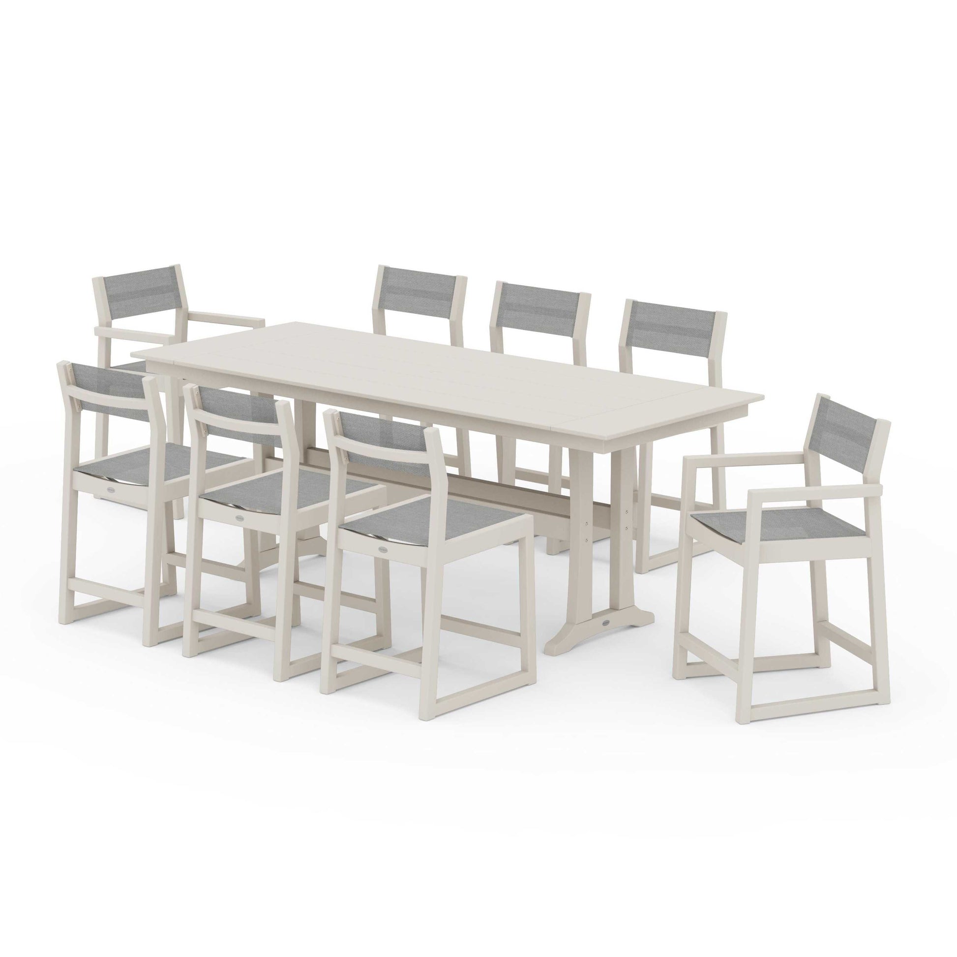 POLYWOOD EDGE Sling 9-Piece Farmhouse Counter Set with Trestle Legs — Sand / Metallic Sling