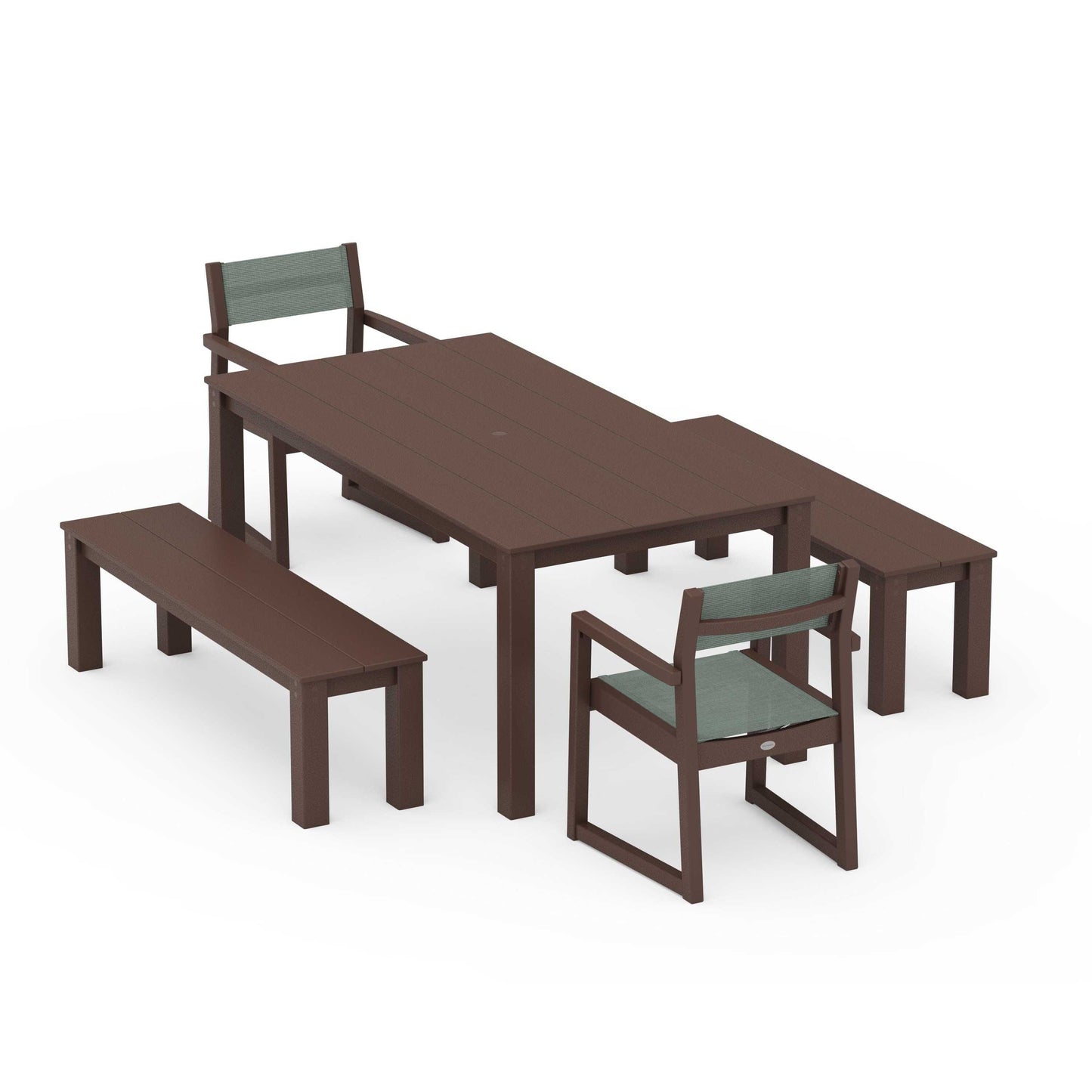 POLYWOOD EDGE Sling Arm Chair 5-Piece Parsons Dining Set with Benches — Mahogany / Dupioni Sea Mist Sling
