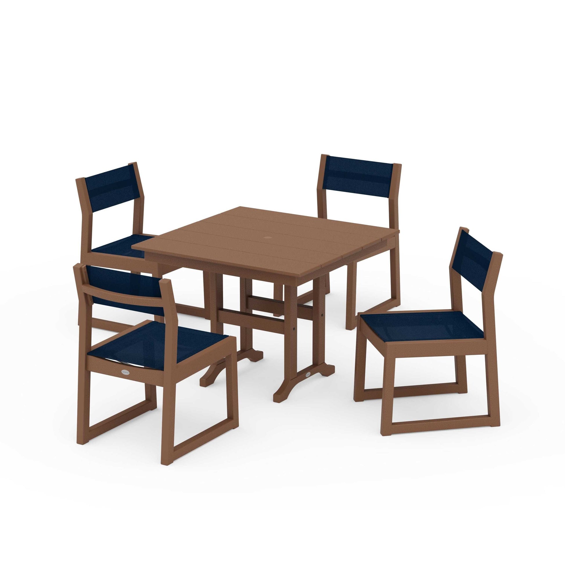 POLYWOOD EDGE Sling Side Chair 5-Piece Farmhouse Dining Set — Teak / Navy Blue Sling
